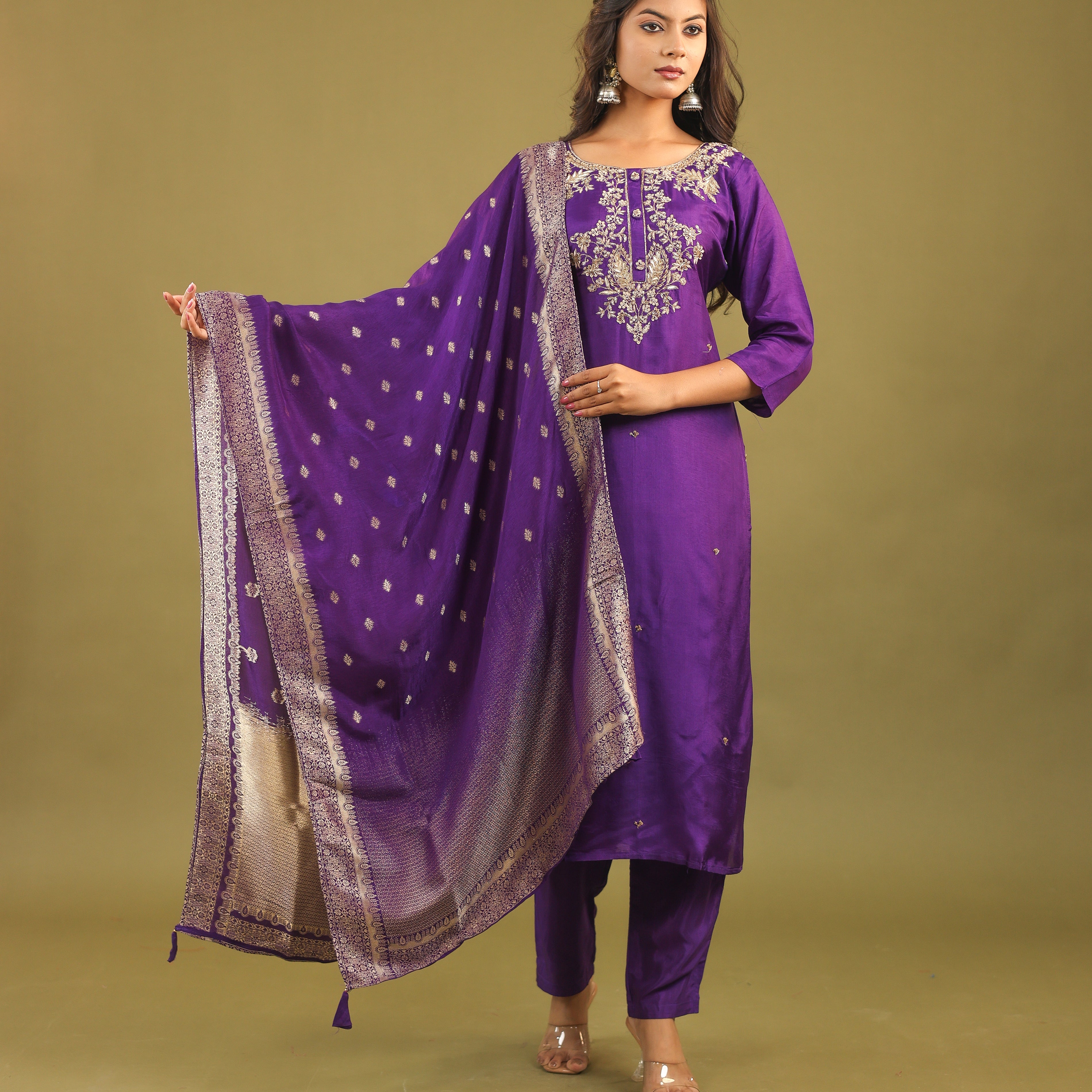 Regal Allure – Embroidered Dola Silk Suit Set for Women
