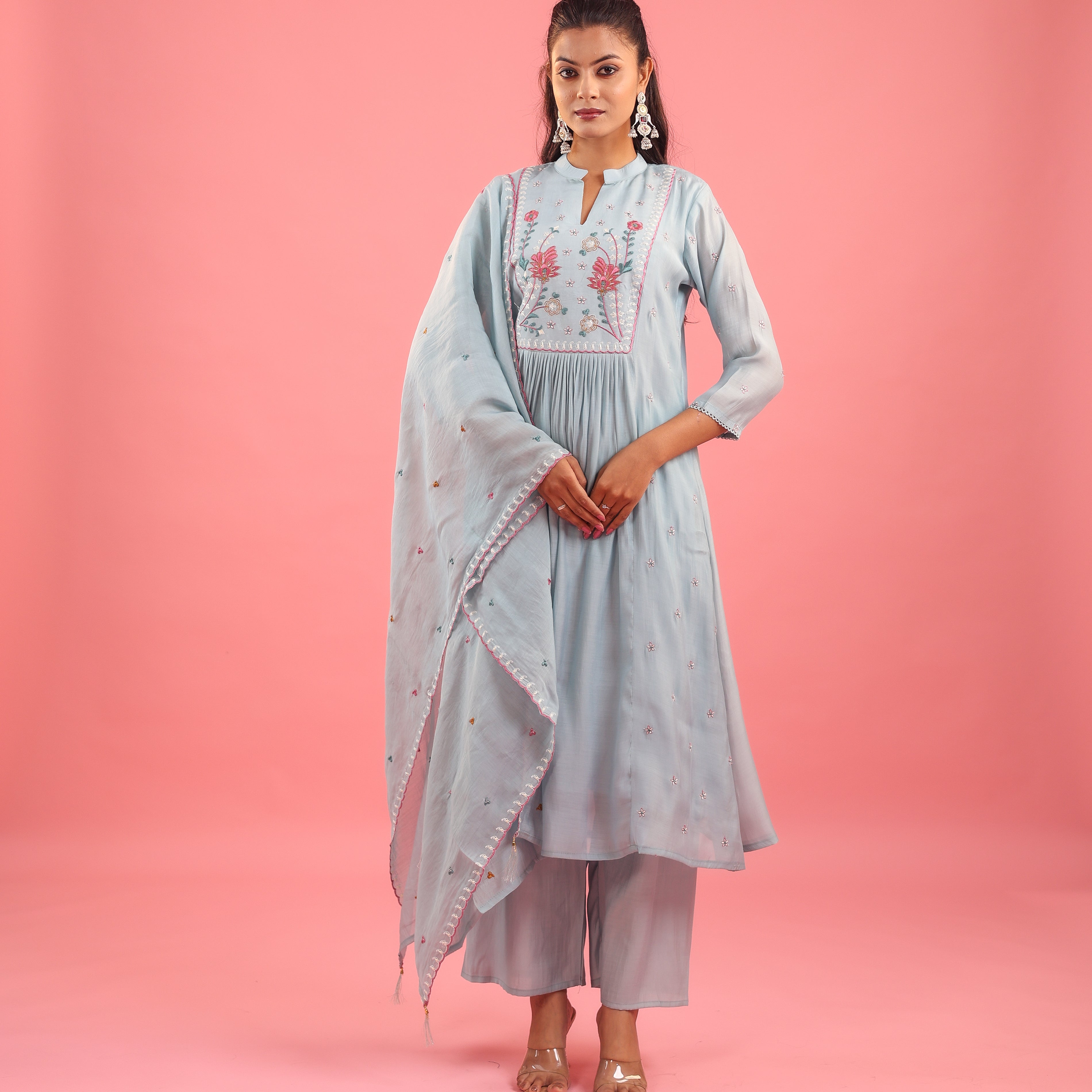 Graceful Radiance – Mul Chanderi Embroidered Suit Set