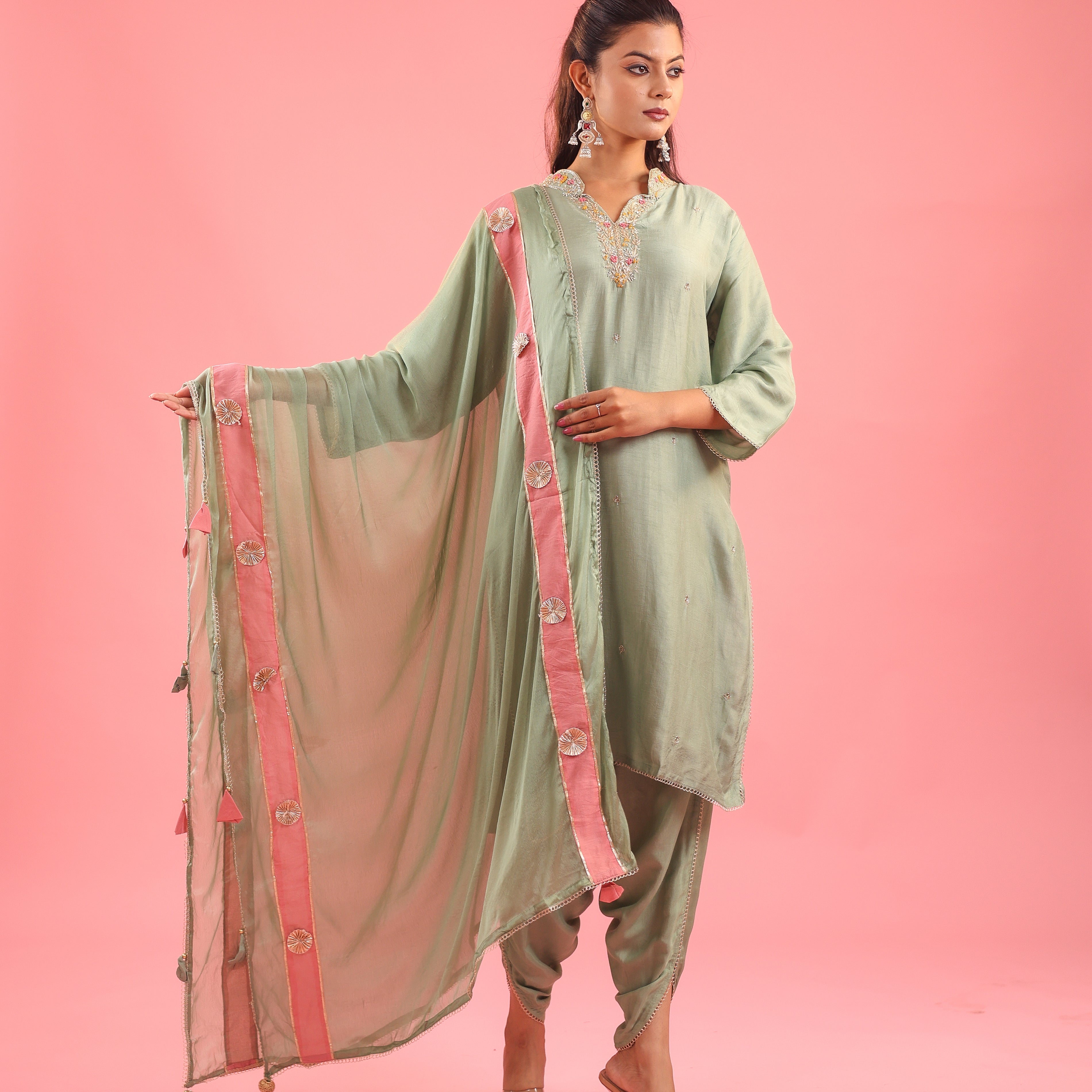 Regal Allure – Embroidered Dola Silk Suit Set for Women