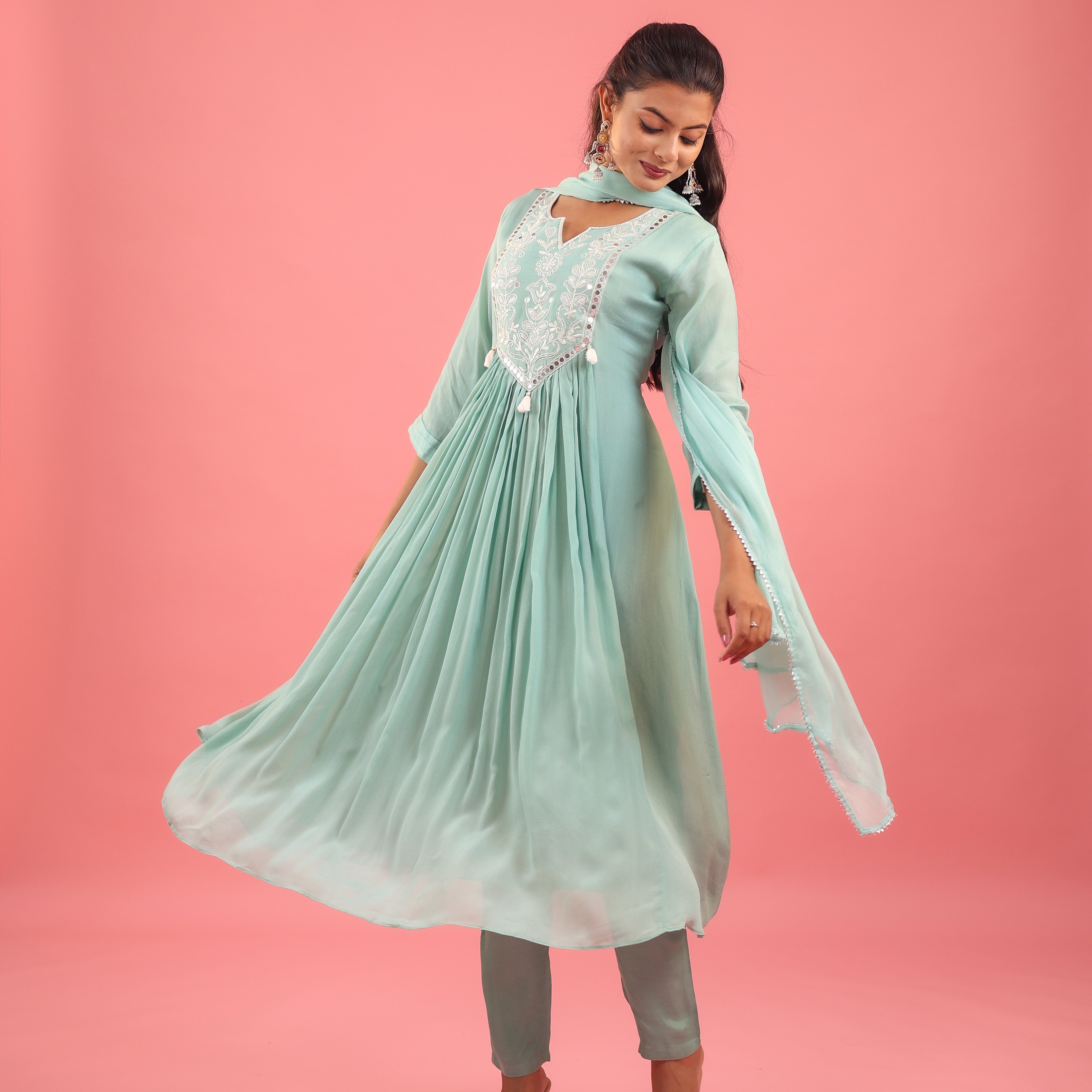 Ethereal Elegance – Chinon Silk Embroidered Suit Set