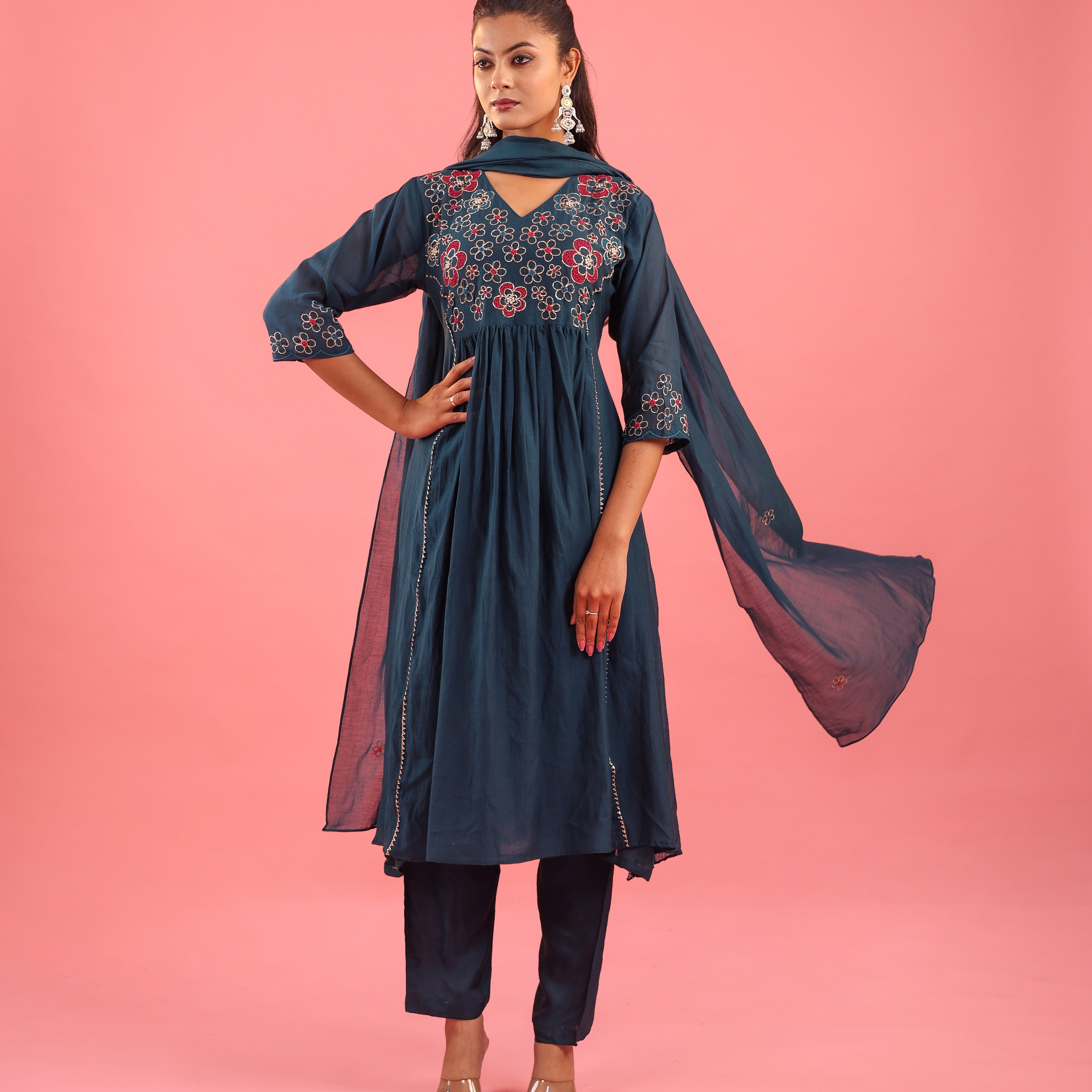 Graceful Radiance – Mul Chanderi Embroidered Suit Set