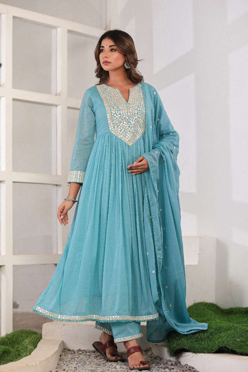 Elegant Pure Cotton Anarkali Dress Set with Dupatta & Pant Sky Blue