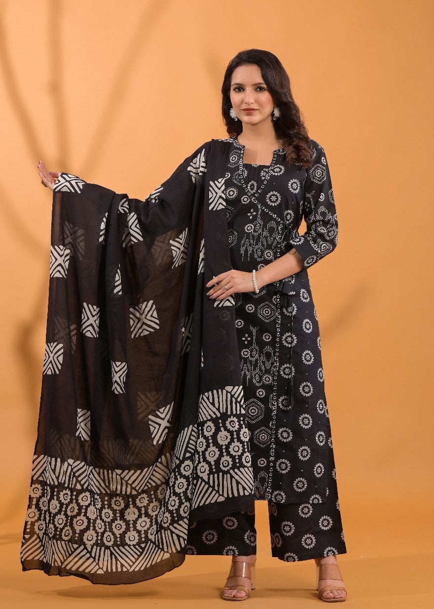 Elegant Pure Cotton Dress Set with Dupatta & Pant โ Breathable & Stylish (Black)