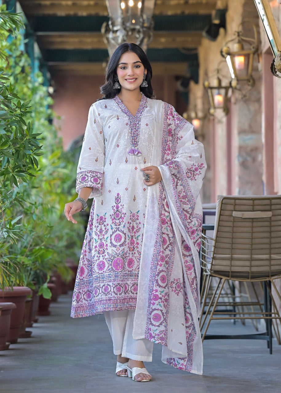 Elegant Pure Cotton Dress Set with Dupatta & Pant โ Breathable & Stylish (Pink)