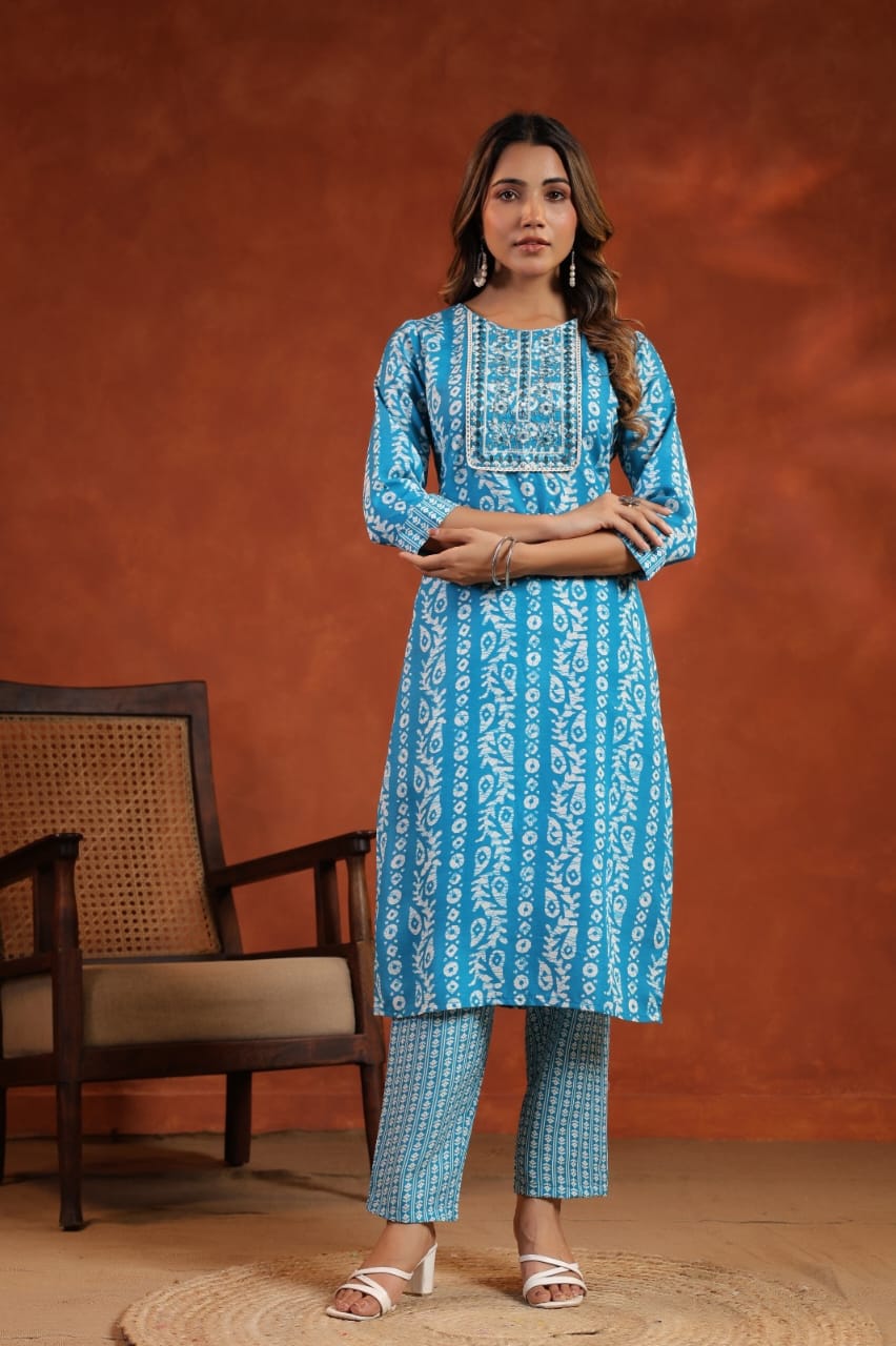 Elegant Pure Cotton Dress Set with Dupatta & Pant โ Breathable & Stylish (Blue)