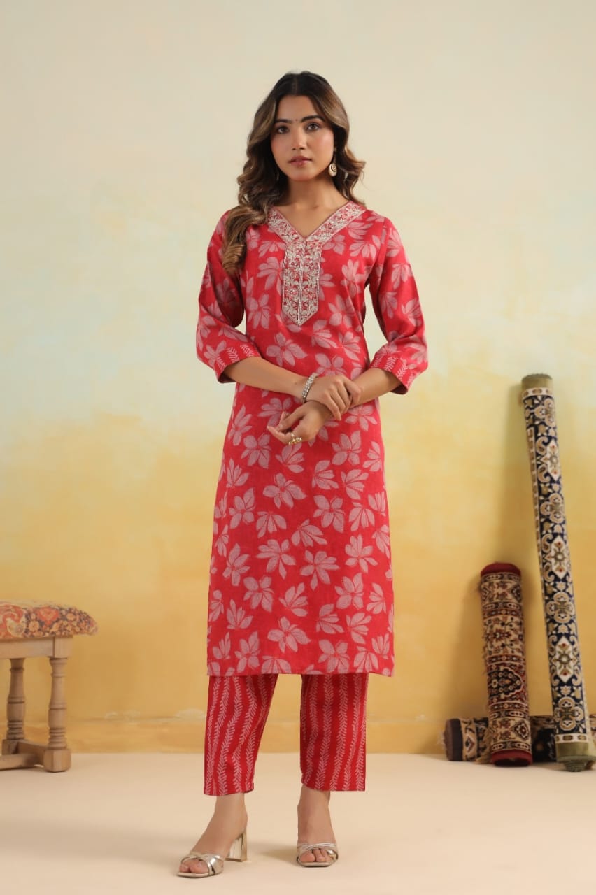 Elegant Pure Cotton Dress Set with Dupatta & Pant โ Breathable & Stylish (Red)