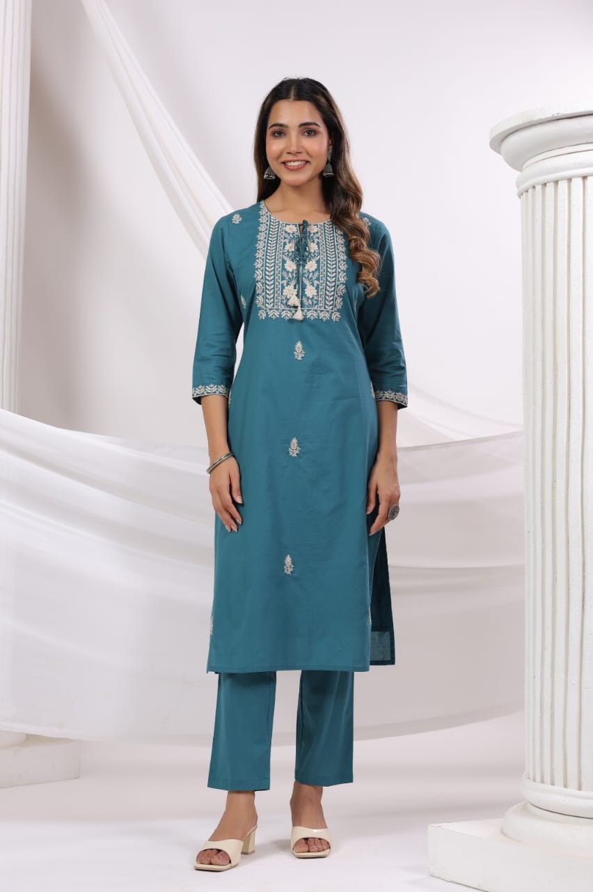 Elegant Pure Cotton Dress Set with Dupatta & Pant โ Breathable & Stylish (Blue)