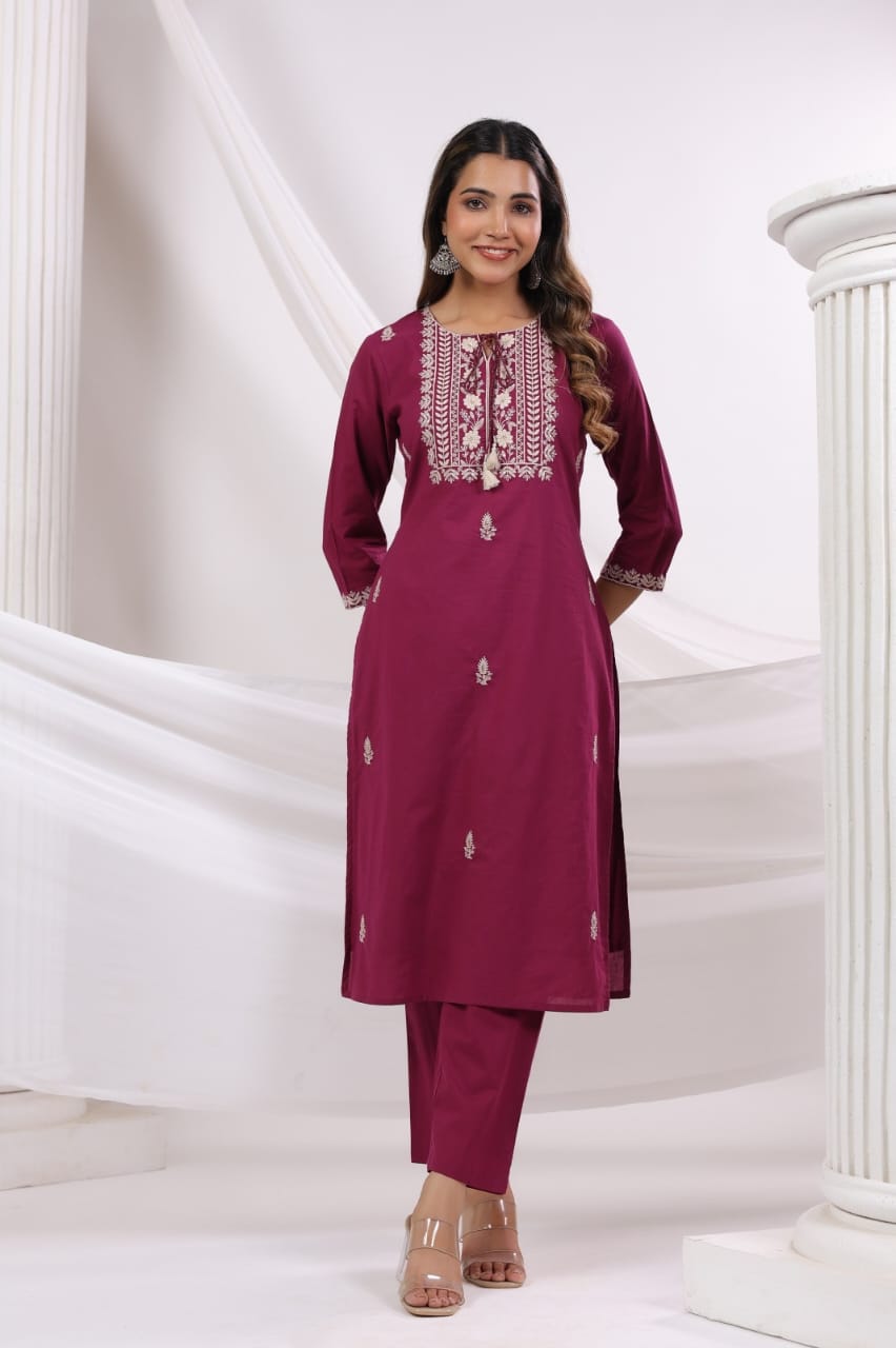 Elegant Pure Cotton Dress Set with Dupatta & Pant โ Breathable & Stylish (Red)