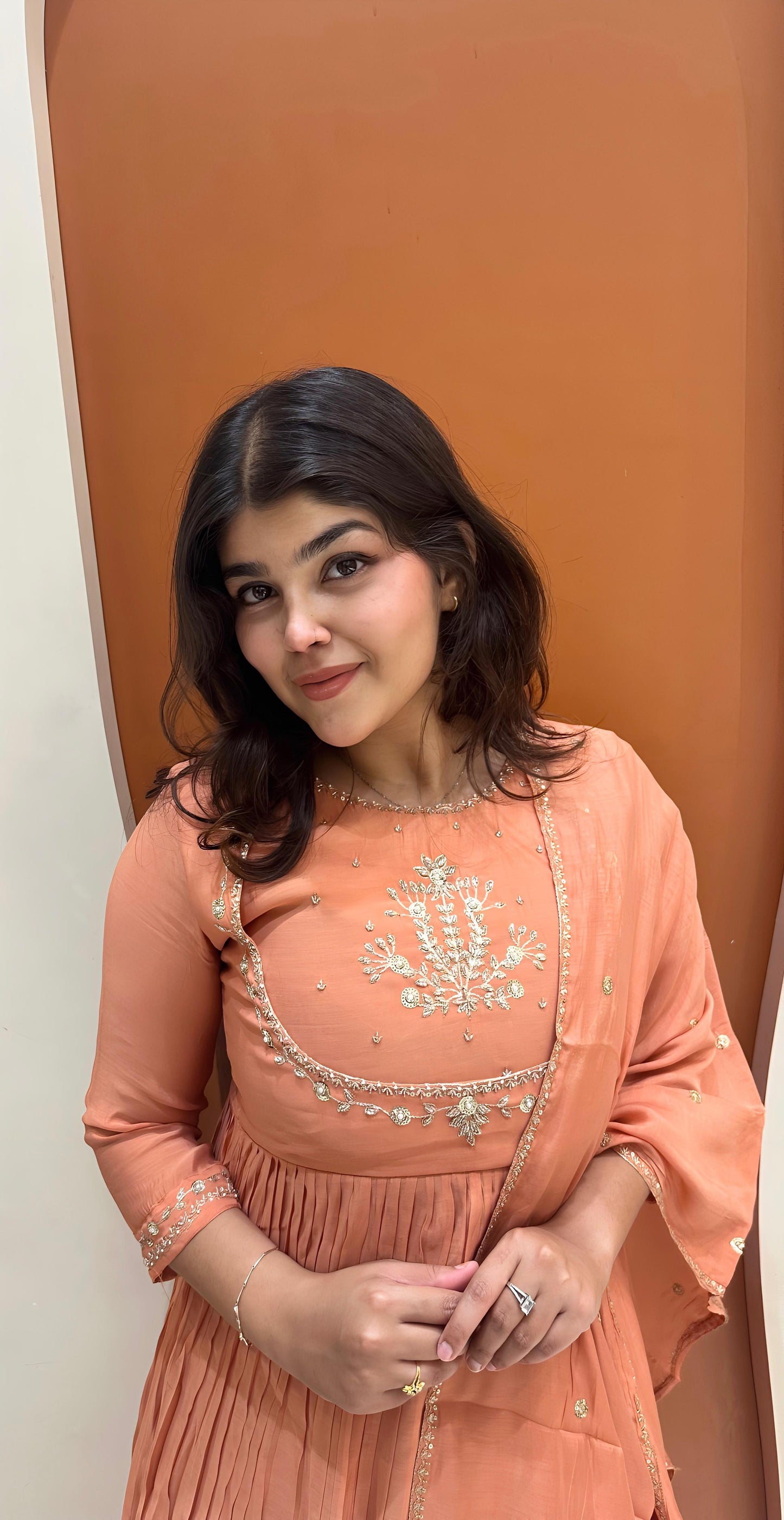 Graceful Mul Chanderi Handwork Dress (Orange)