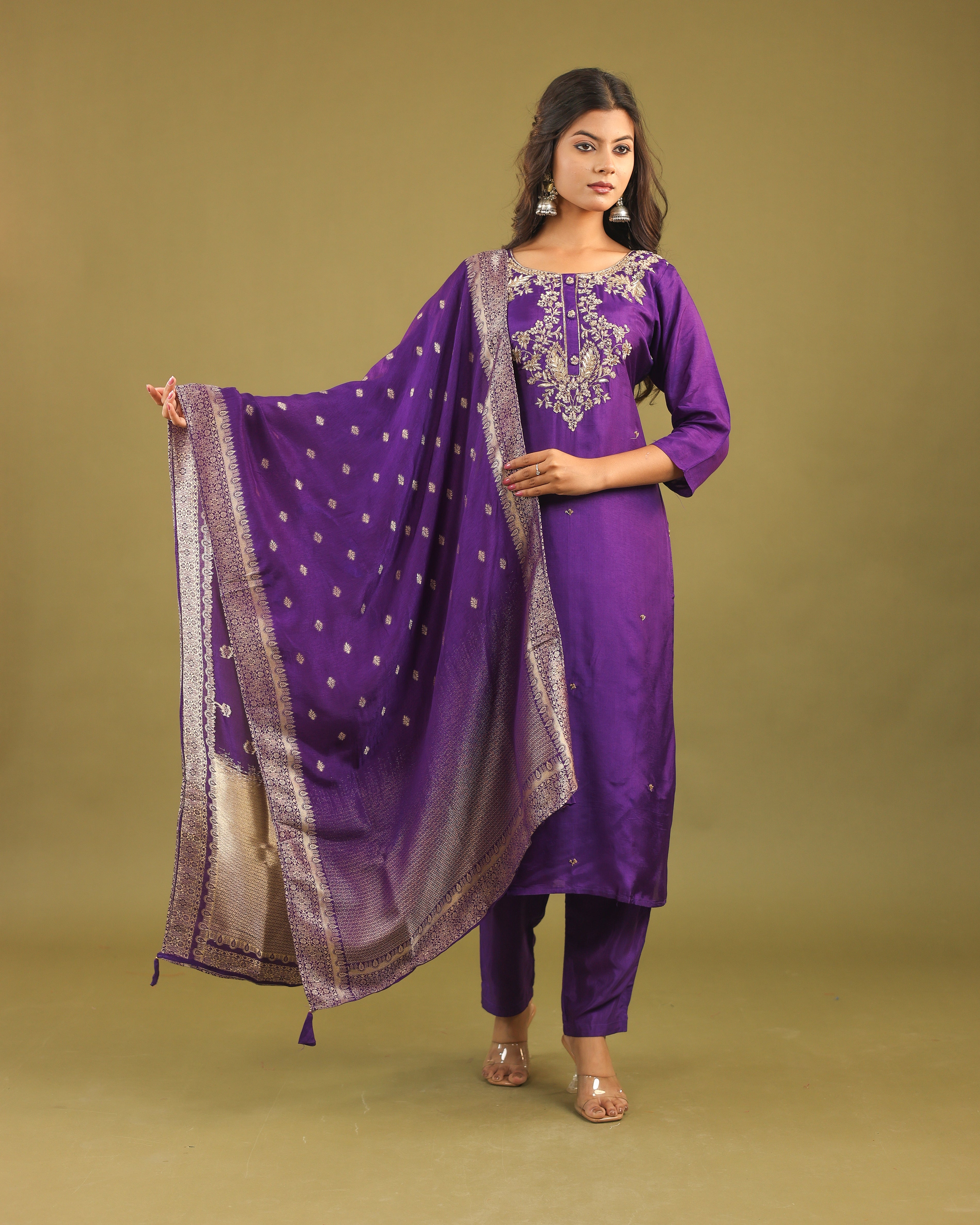 Regal Allure – Embroidered Dola Silk Suit Set for Women
