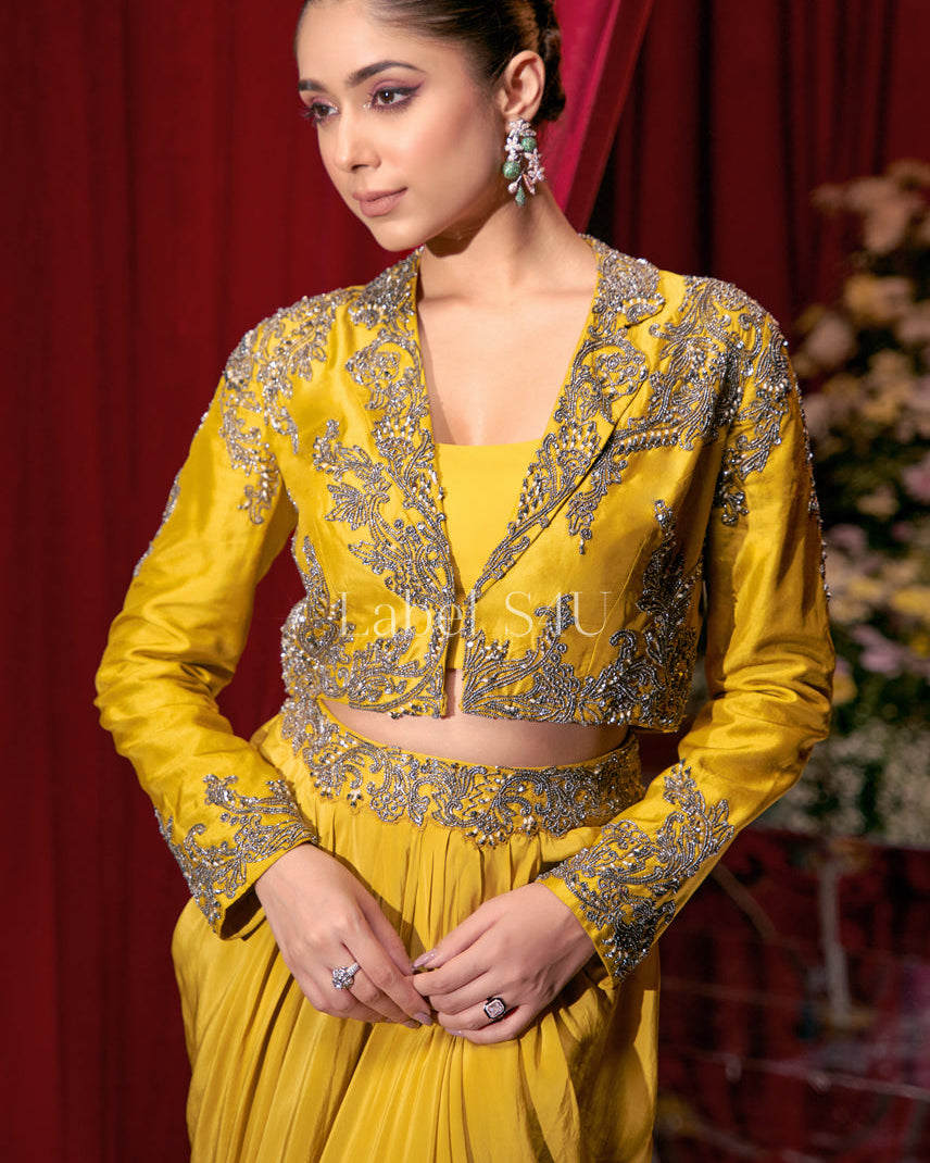 Golden Bloom-Draped Skirt Set