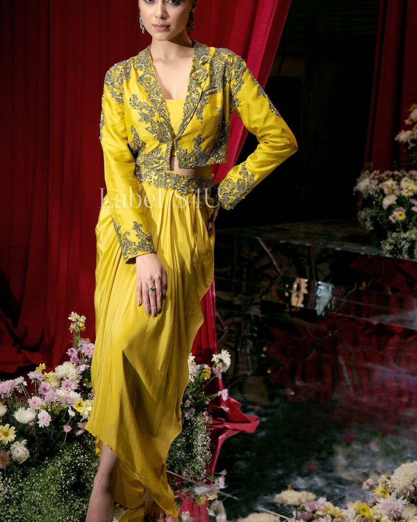 Golden Bloom-Draped Skirt Set