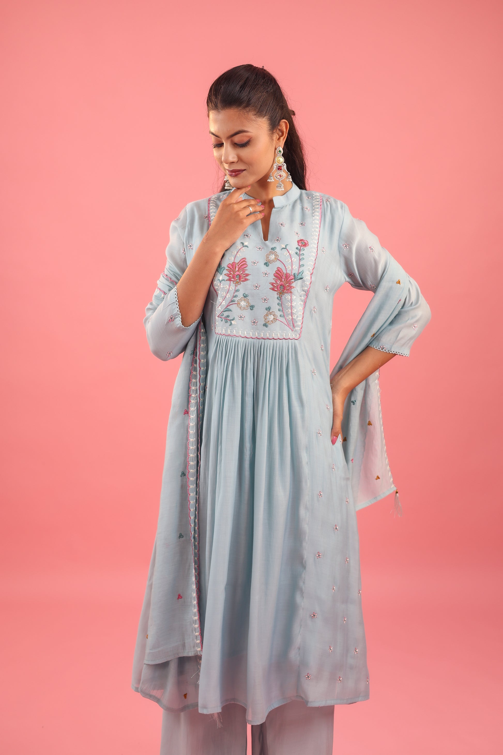 Graceful Radiance – Mul Chanderi Embroidered Suit Set