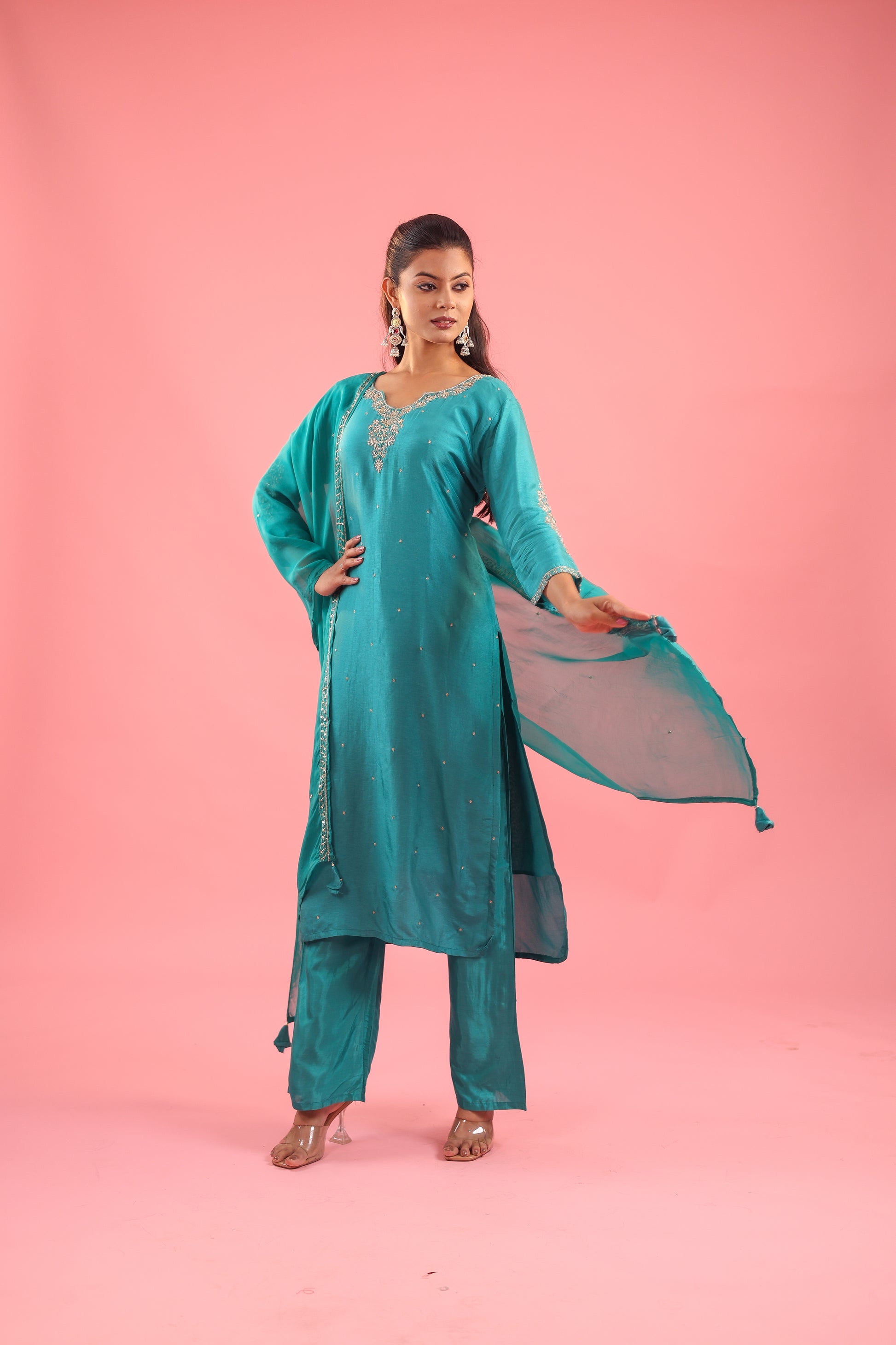 Regal Allure – Embroidered Dola Silk Suit Set for Women