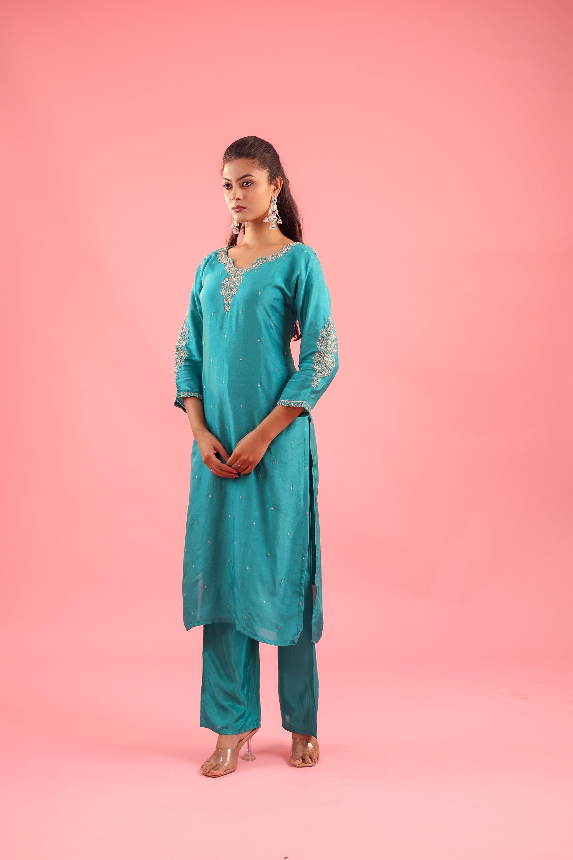 Regal Allure – Embroidered Dola Silk Suit Set for Women