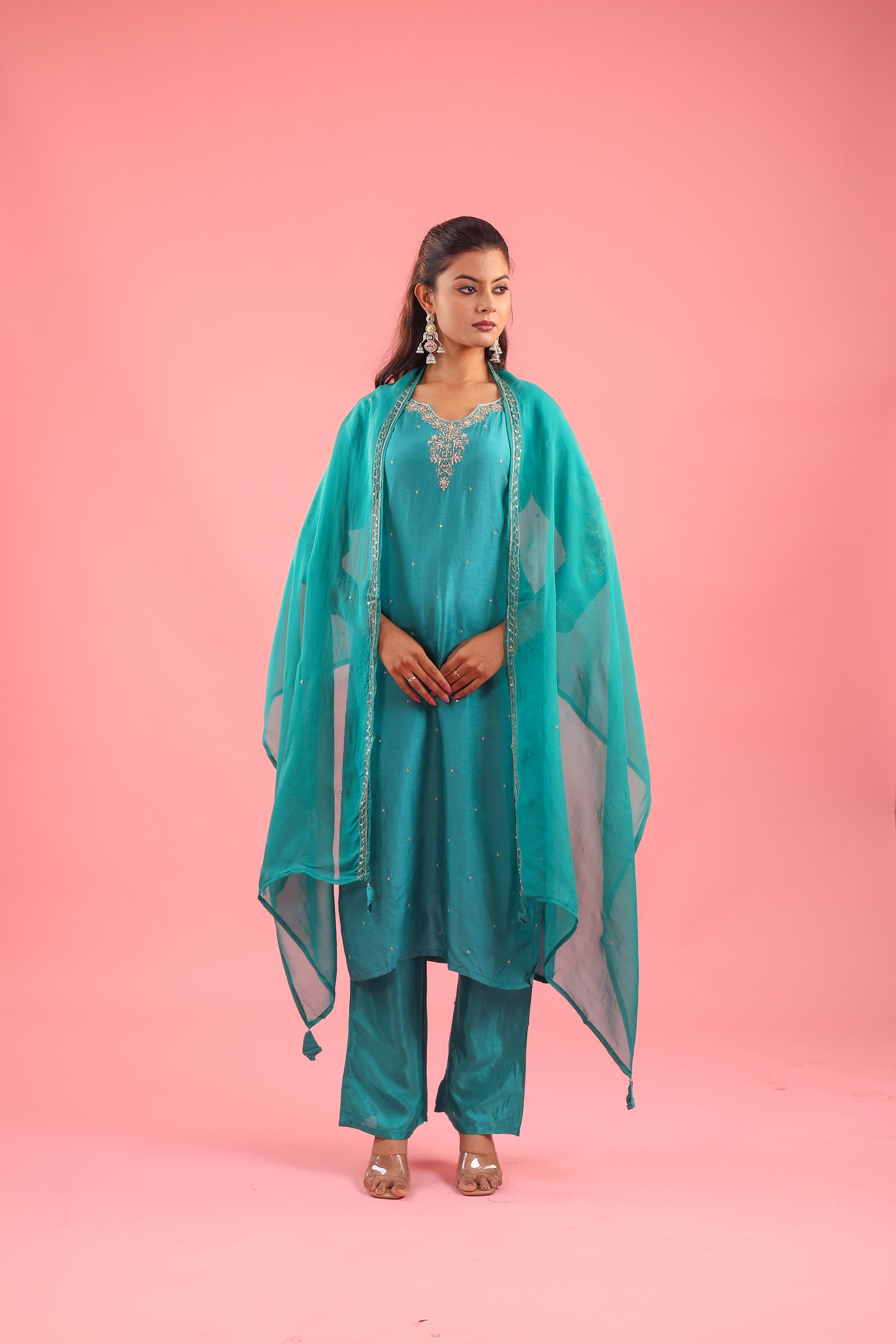 Regal Allure – Embroidered Dola Silk Suit Set for Women