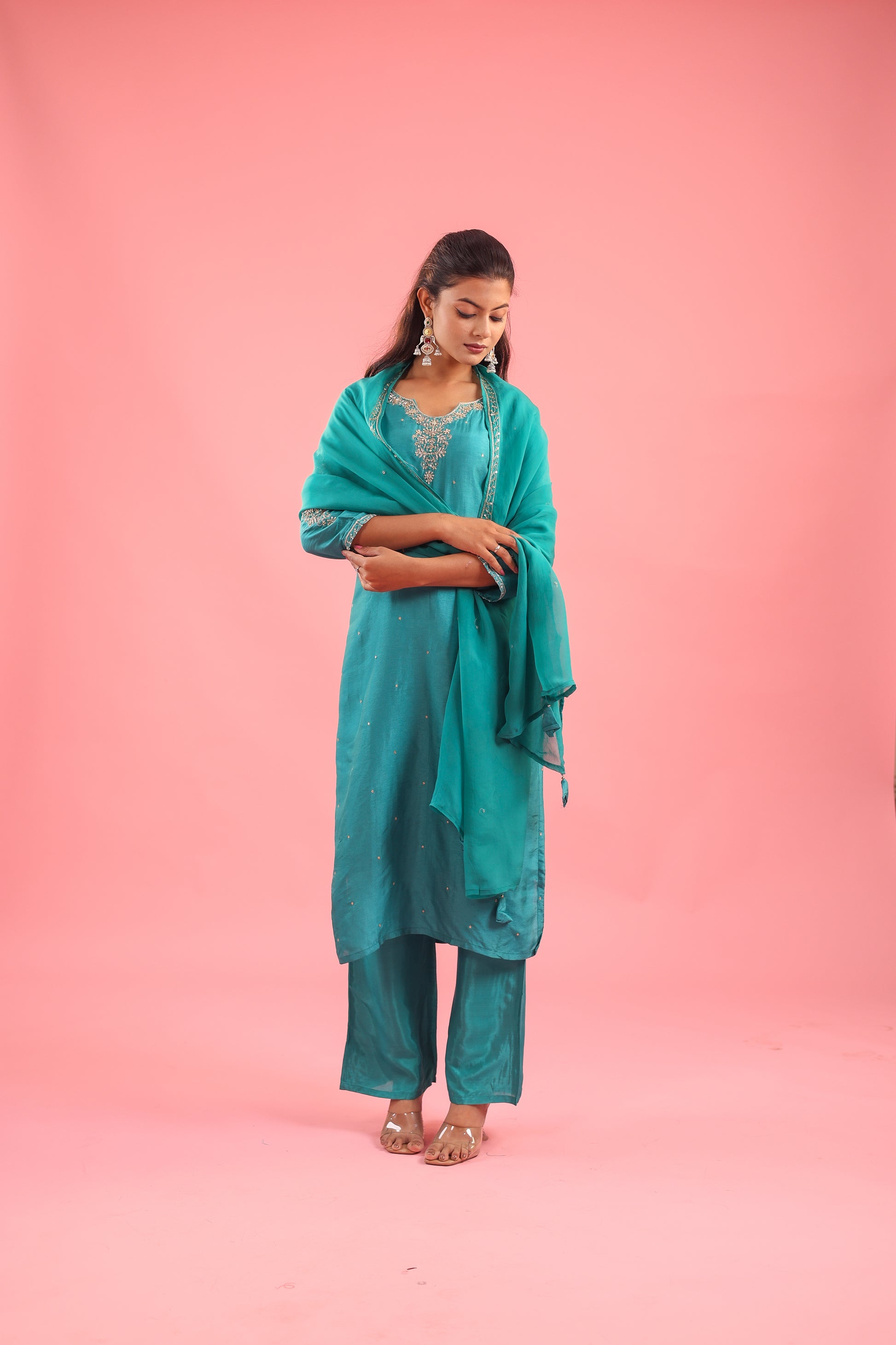 Regal Allure – Embroidered Dola Silk Suit Set for Women