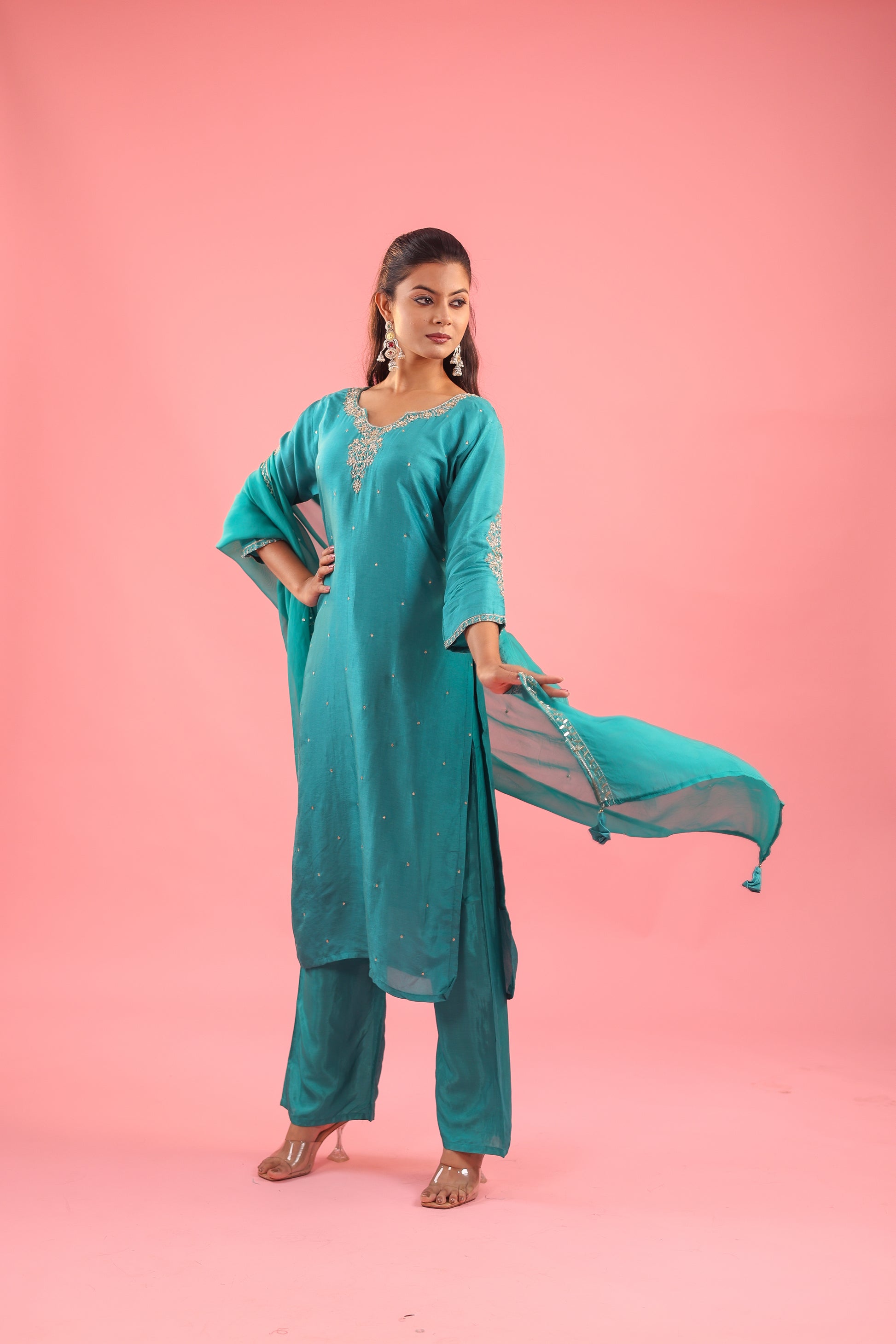 Regal Allure – Embroidered Dola Silk Suit Set for Women