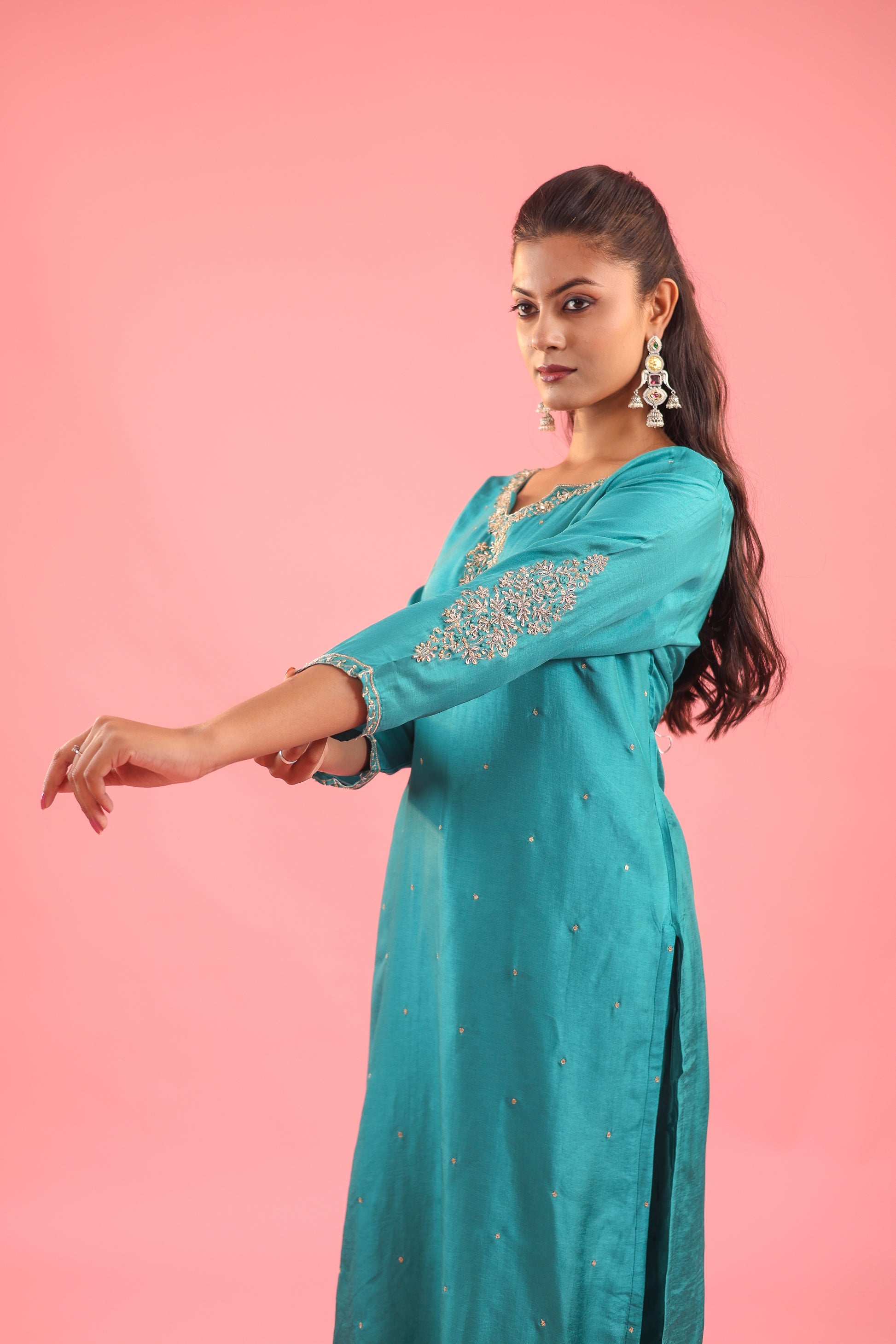 Regal Allure – Embroidered Dola Silk Suit Set for Women