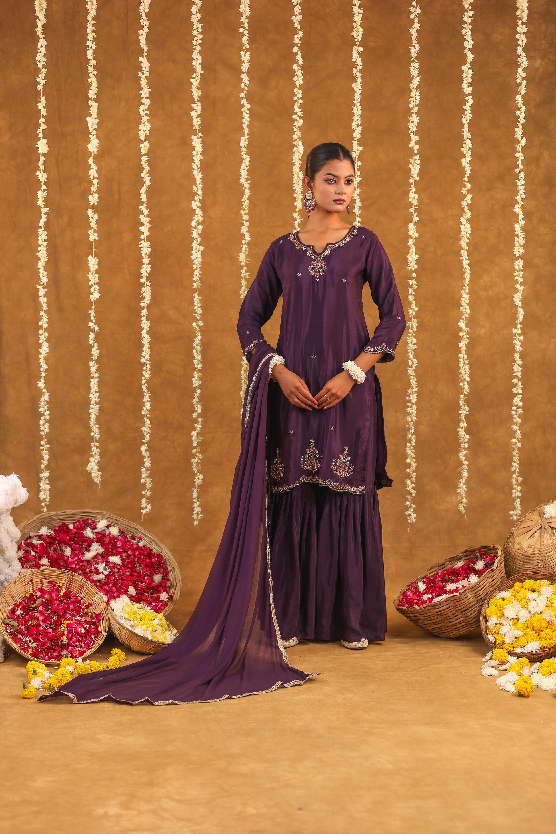 Regal Grace Crepe Silk Embroidered Sharara Set