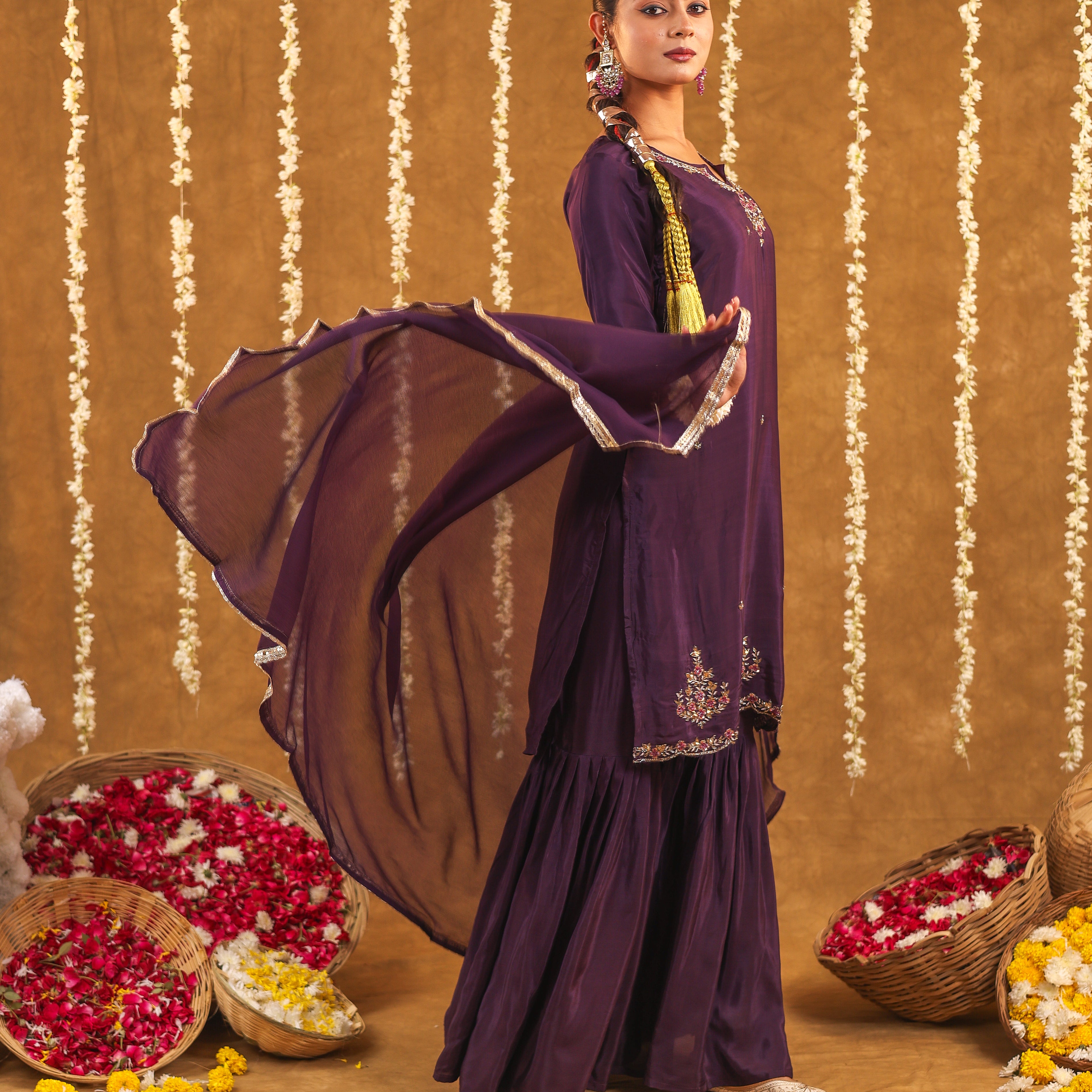 Regal Grace Crepe Silk Embroidered Sharara Set
