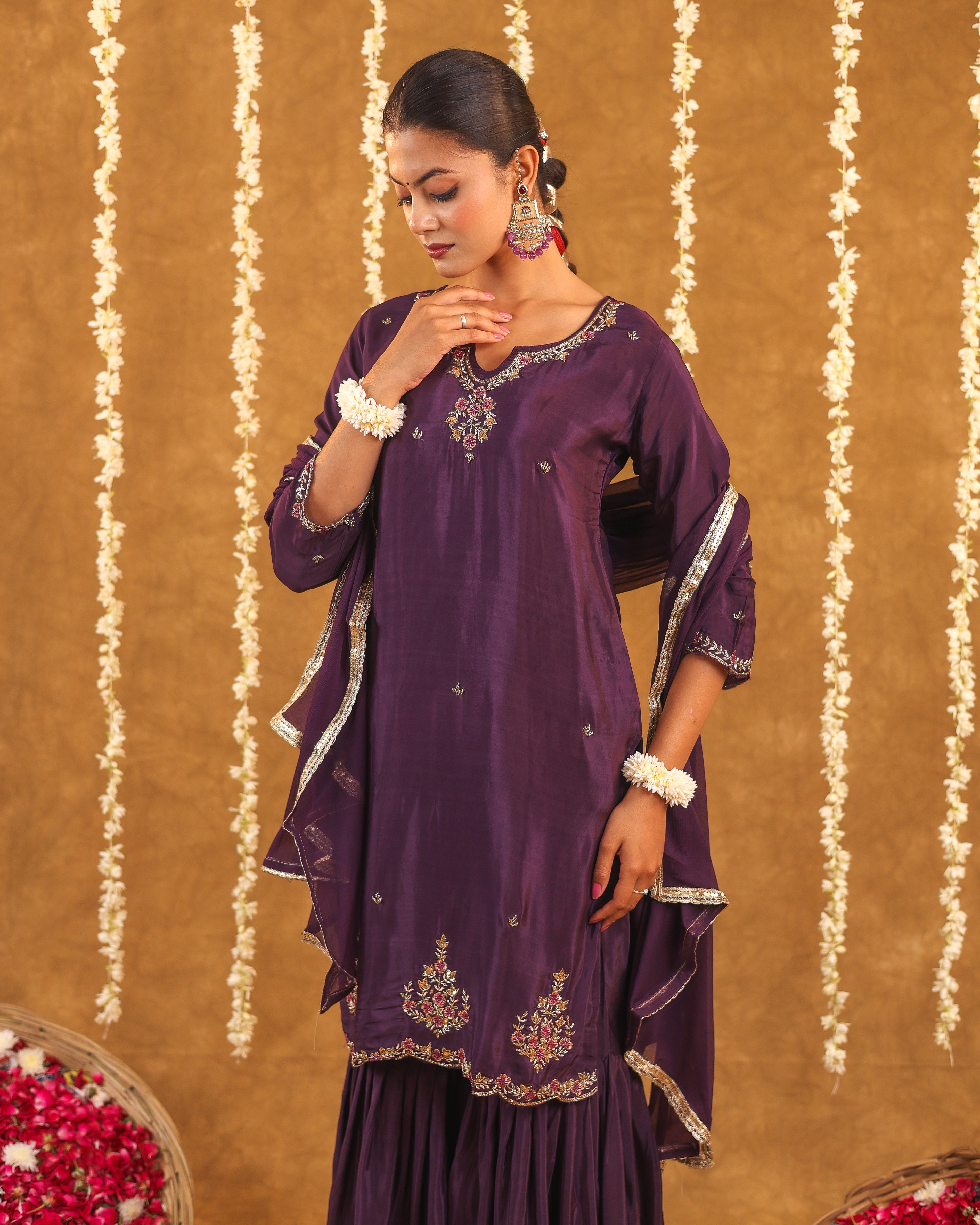 Regal Grace Crepe Silk Embroidered Sharara Set