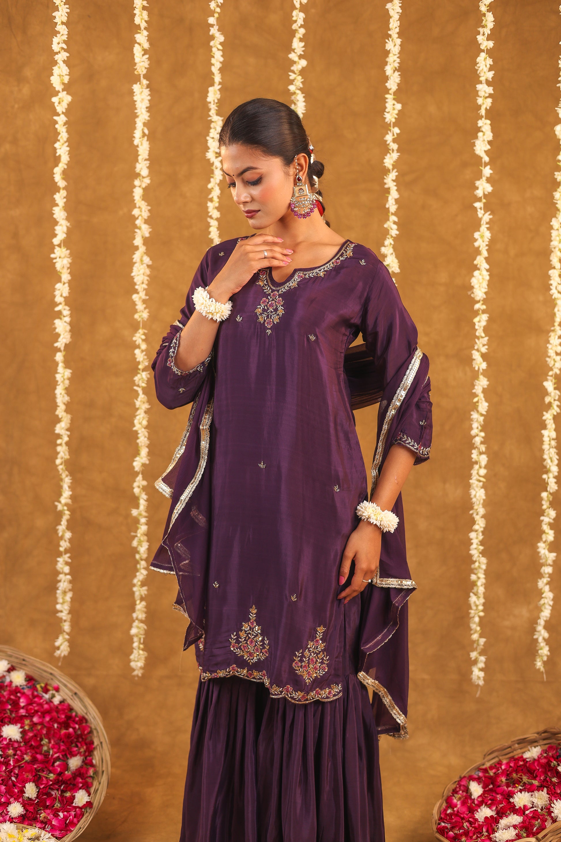 Regal Grace Crepe Silk Embroidered Sharara Set