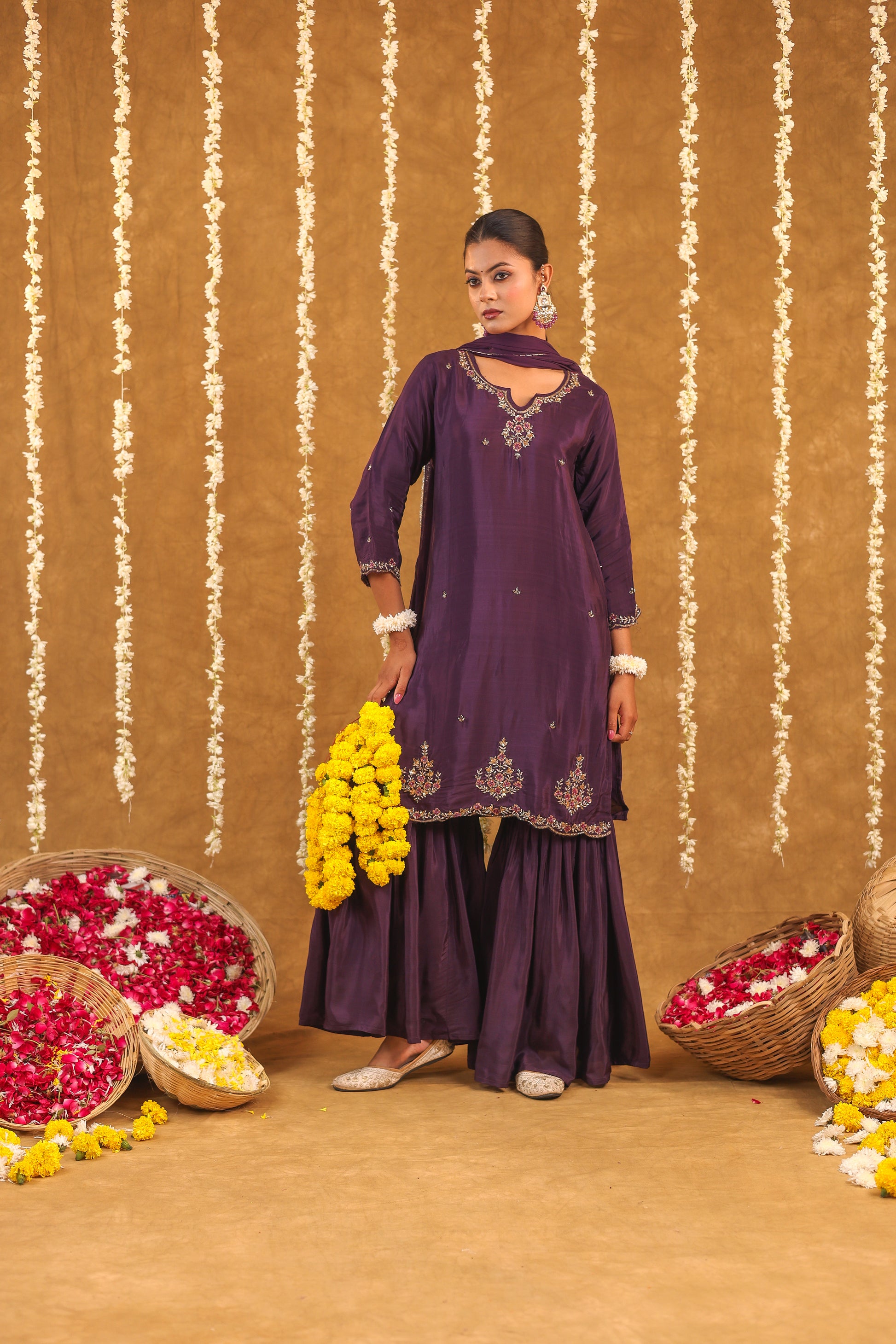 Regal Grace Crepe Silk Embroidered Sharara Set