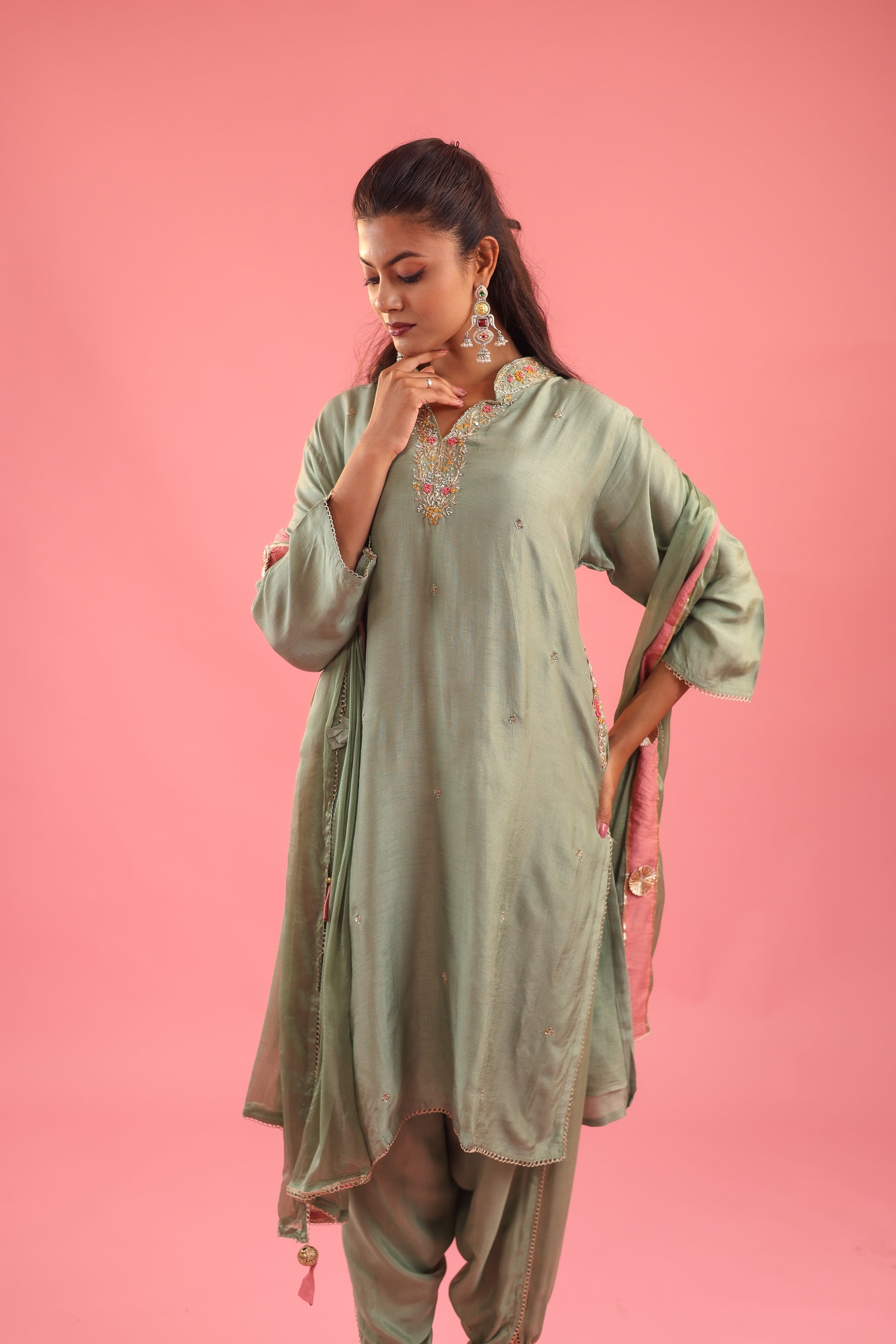 Regal Allure – Embroidered Dola Silk Suit Set for Women