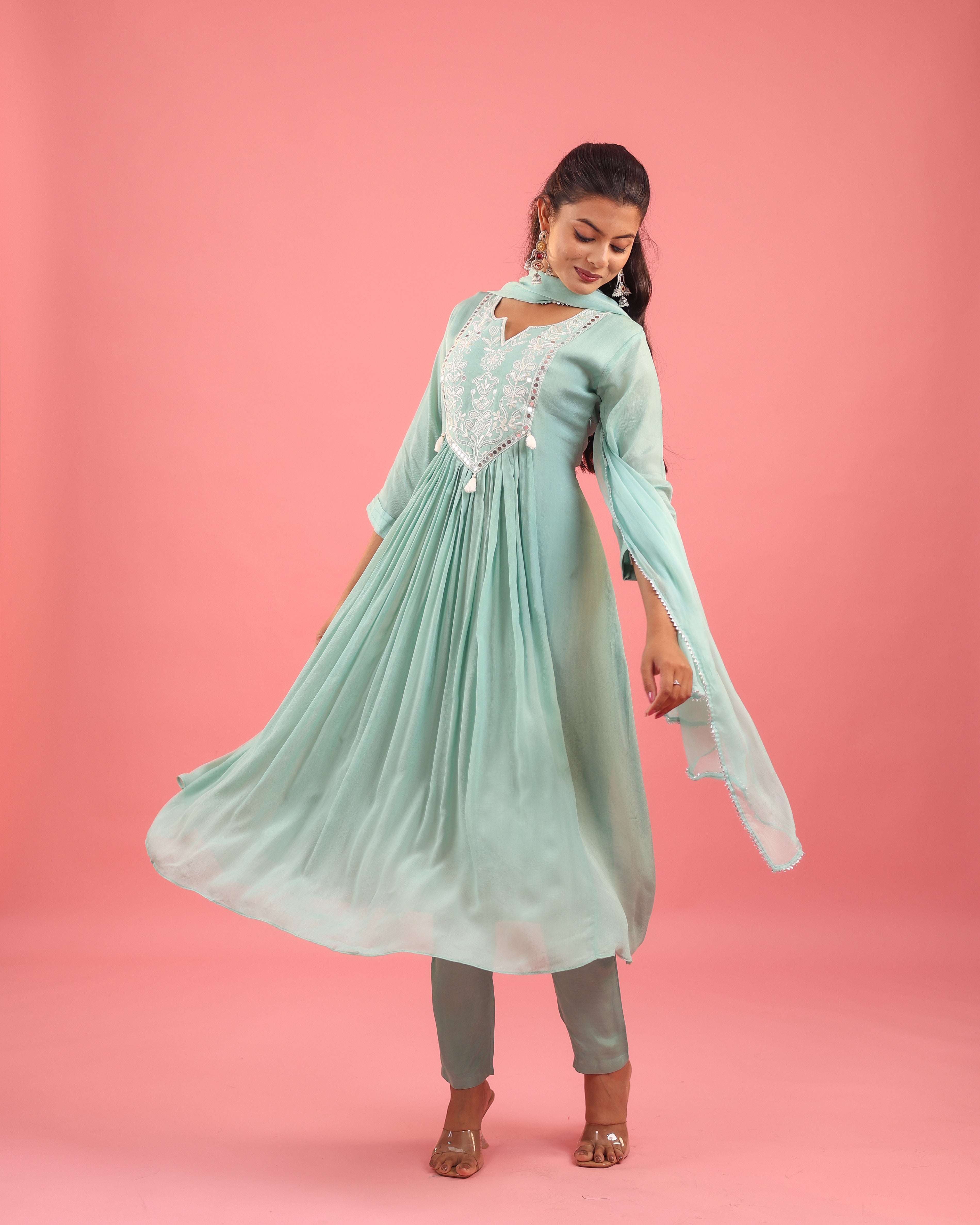 Ethereal Elegance – Chinon Silk Embroidered Suit Set