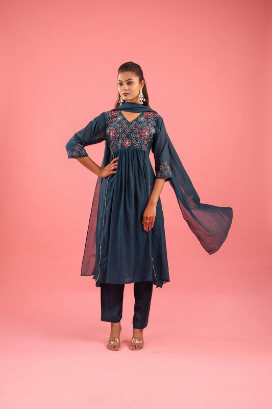 Graceful Radiance – Mul Chanderi Embroidered Suit Set