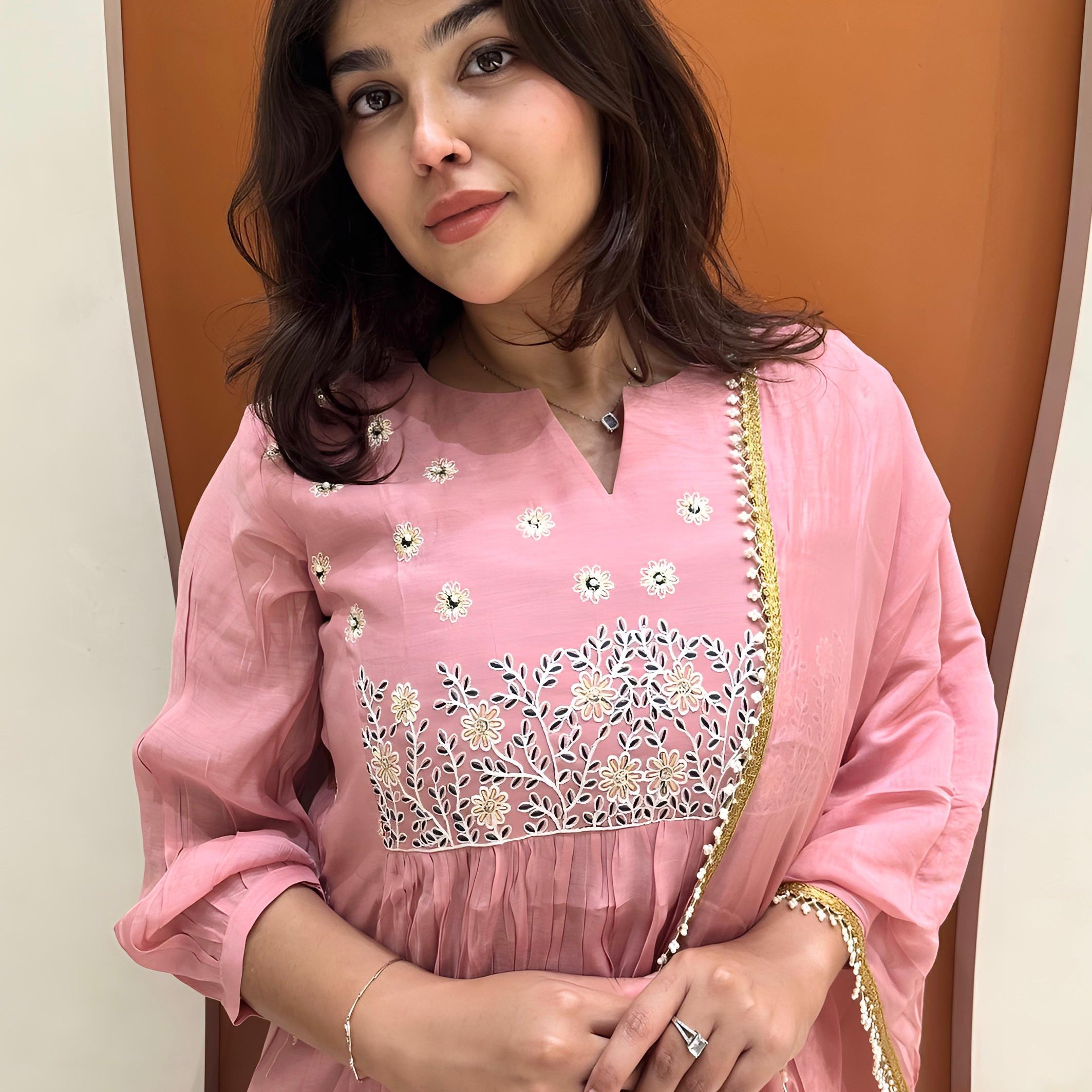 Graceful Mul Chanderi Handwork Dress (Pink)