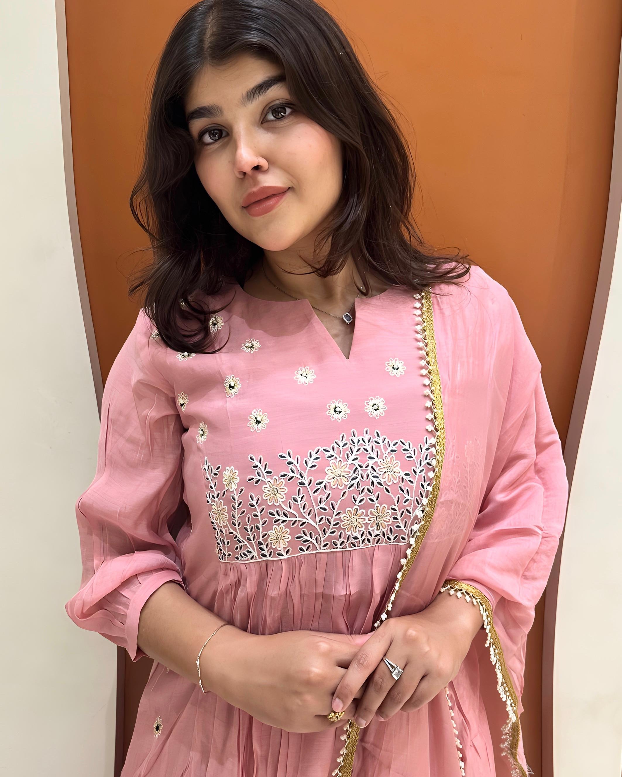 Graceful Mul Chanderi Handwork Dress (Pink)