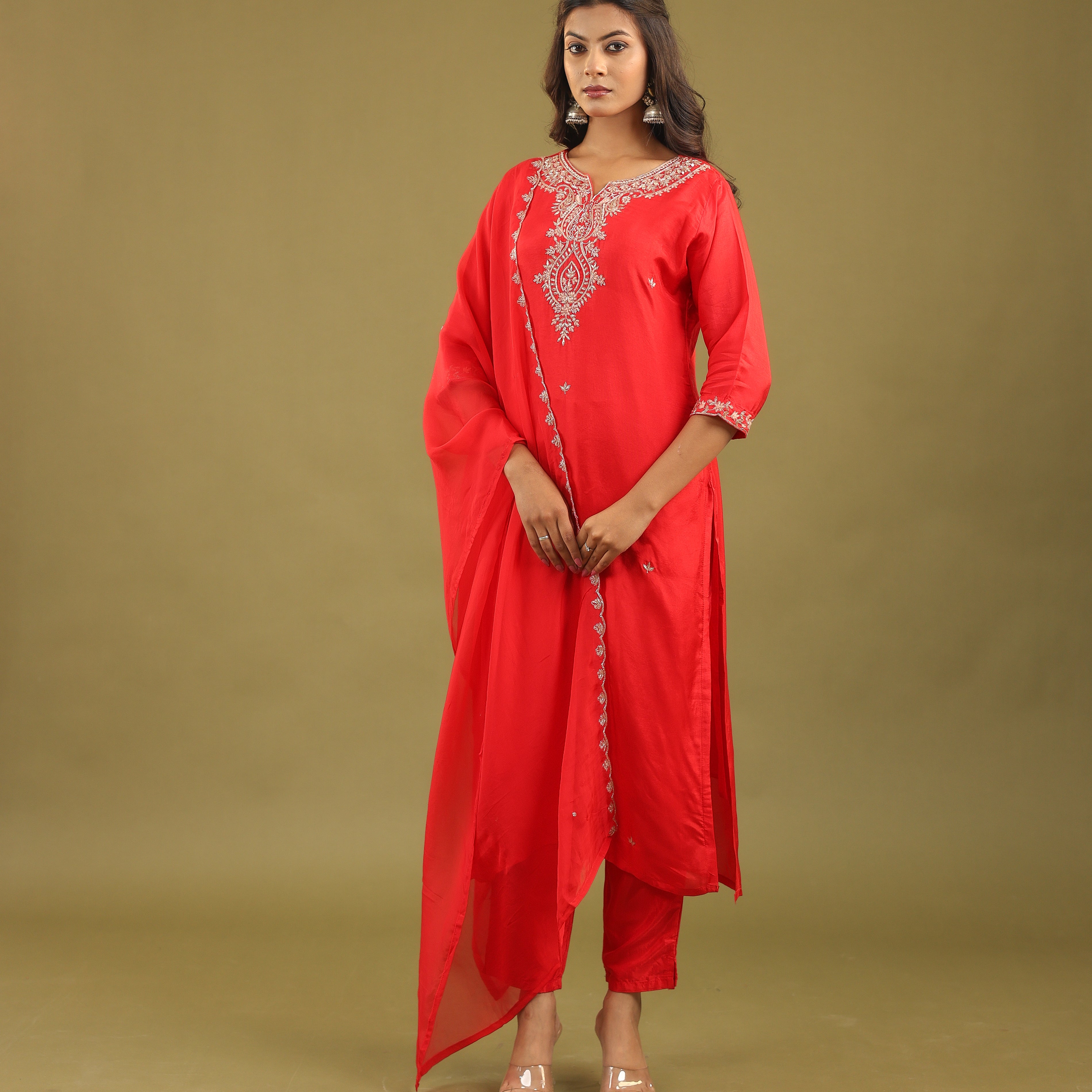 Regal Allure – Embroidered Dola Silk Suit Set for Women