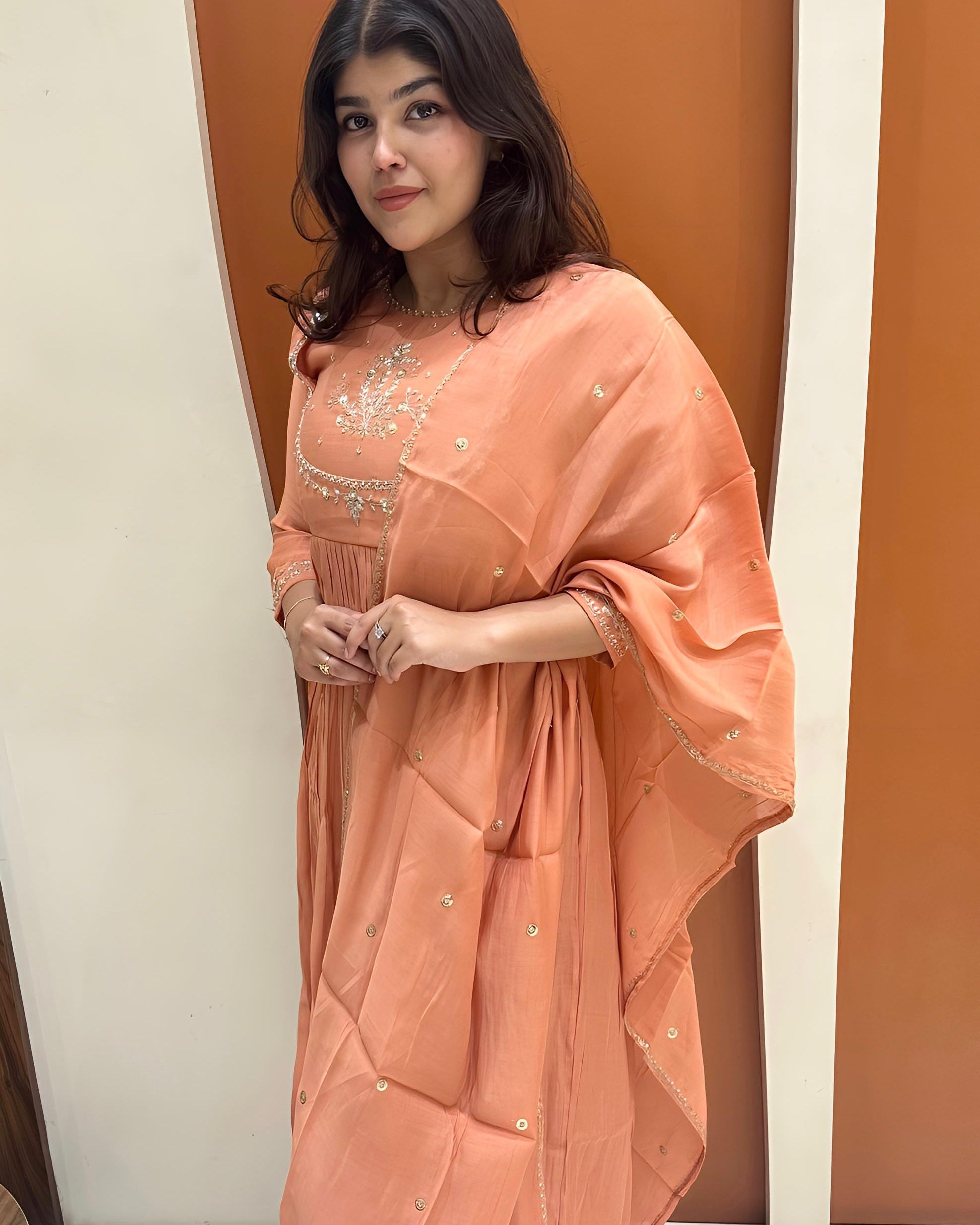 Graceful Mul Chanderi Handwork Dress (Orange)