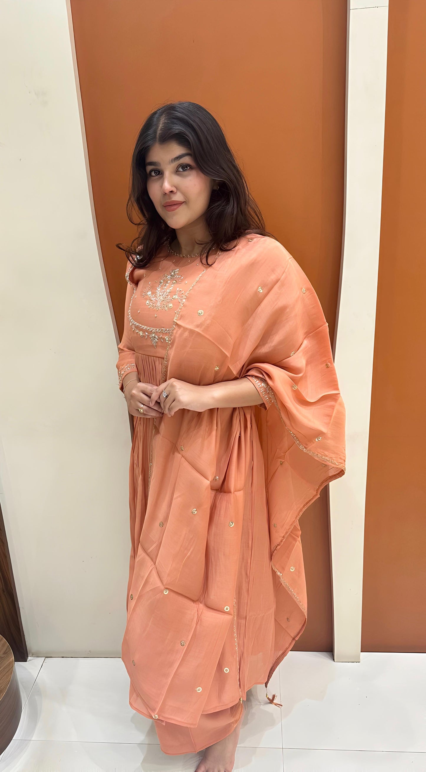 Graceful Mul Chanderi Handwork Dress (Orange)