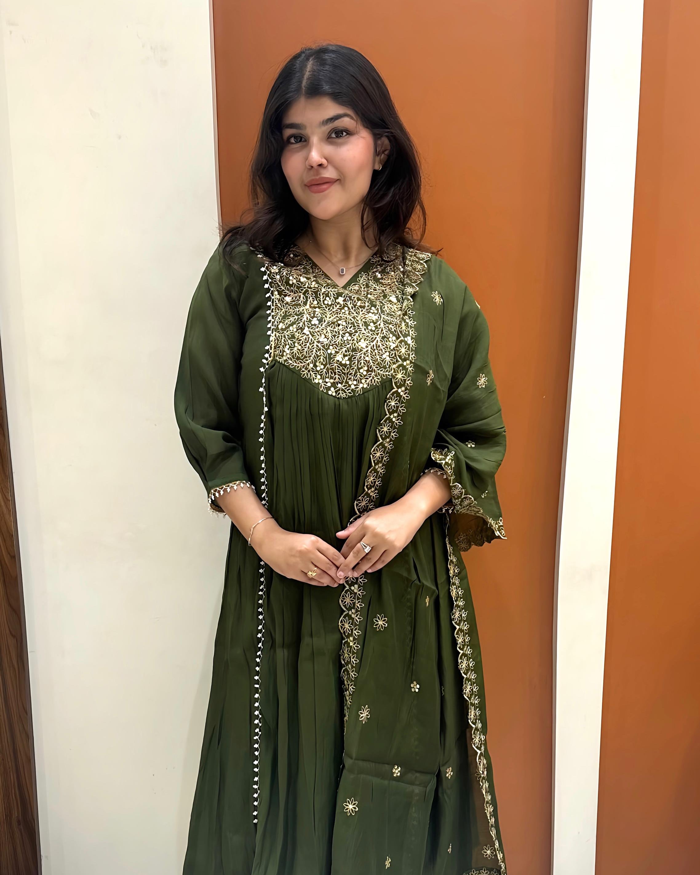 Graceful Mul Chanderi Handwork Dress (Green)