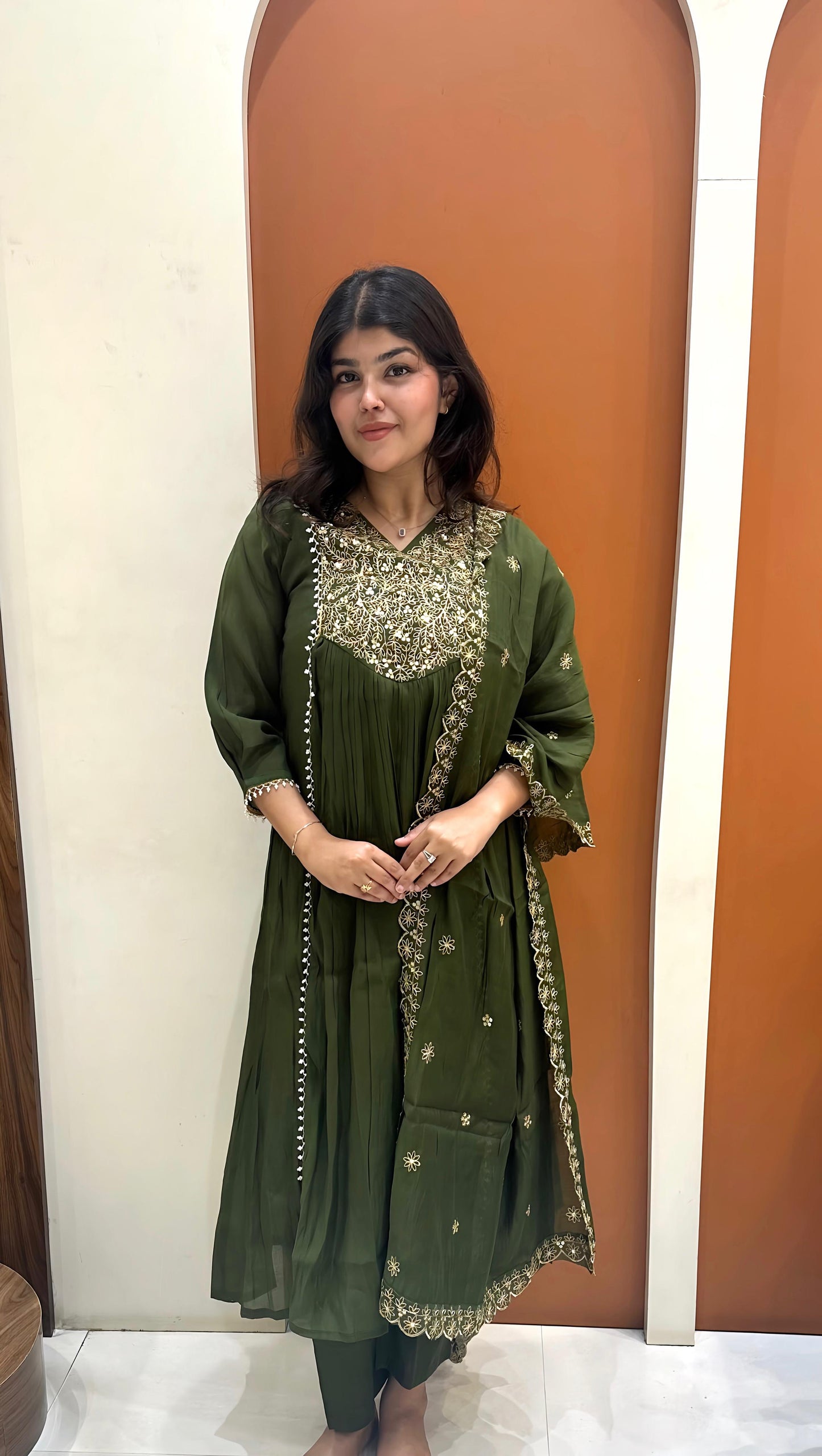 Graceful Mul Chanderi Handwork Dress (Green)