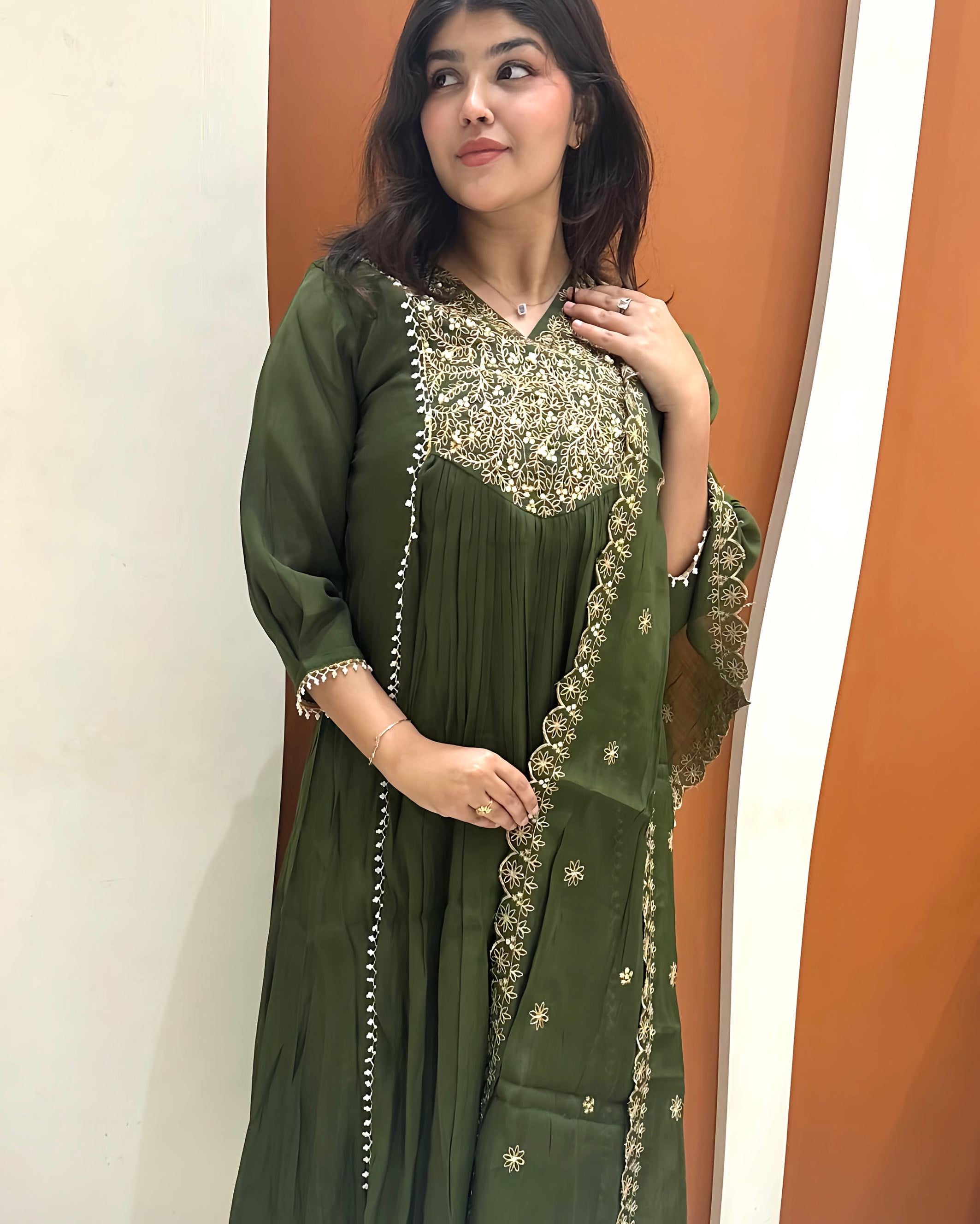 Graceful Mul Chanderi Handwork Dress (Green)