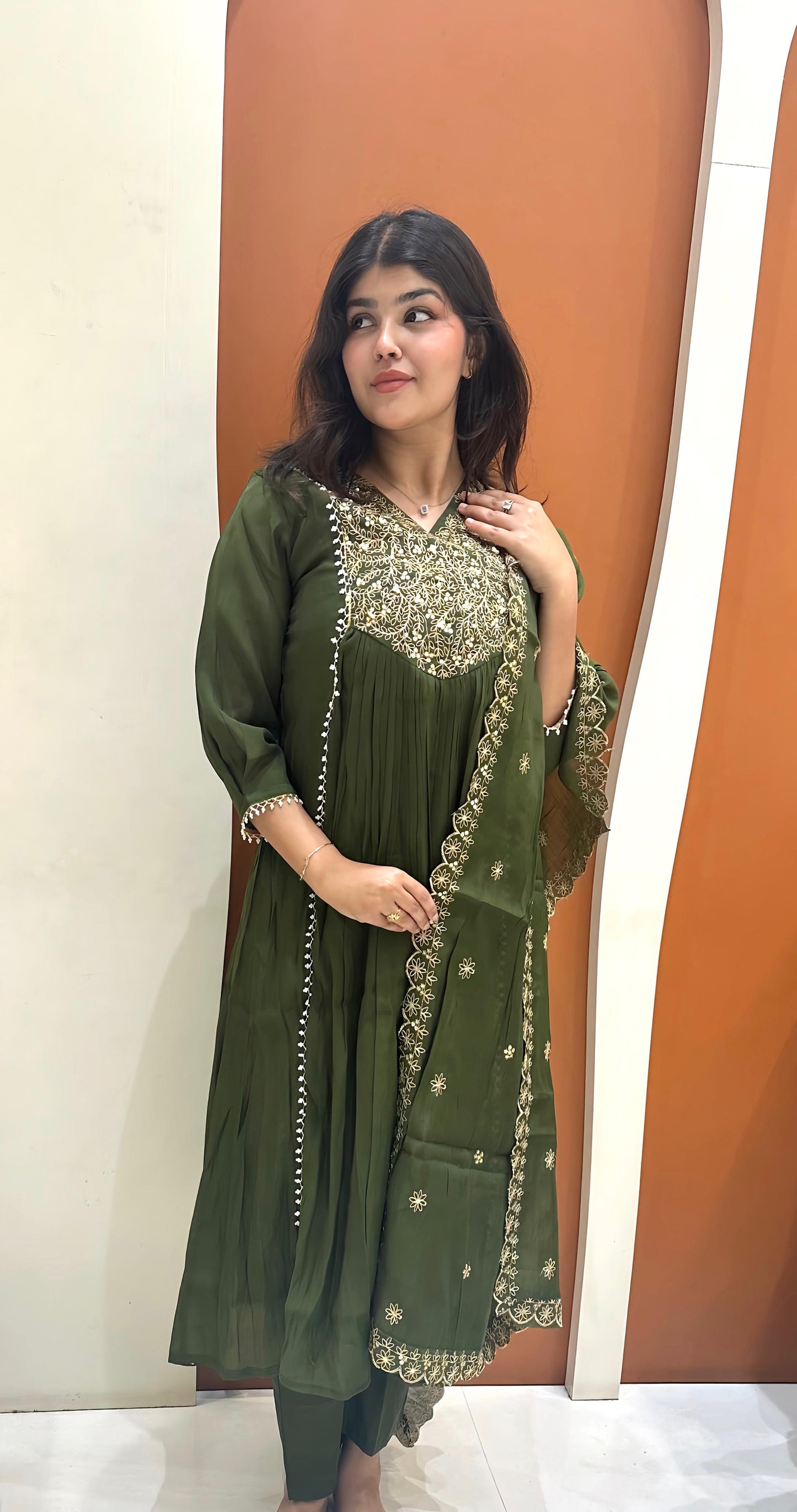 Graceful Mul Chanderi Handwork Dress (Green)