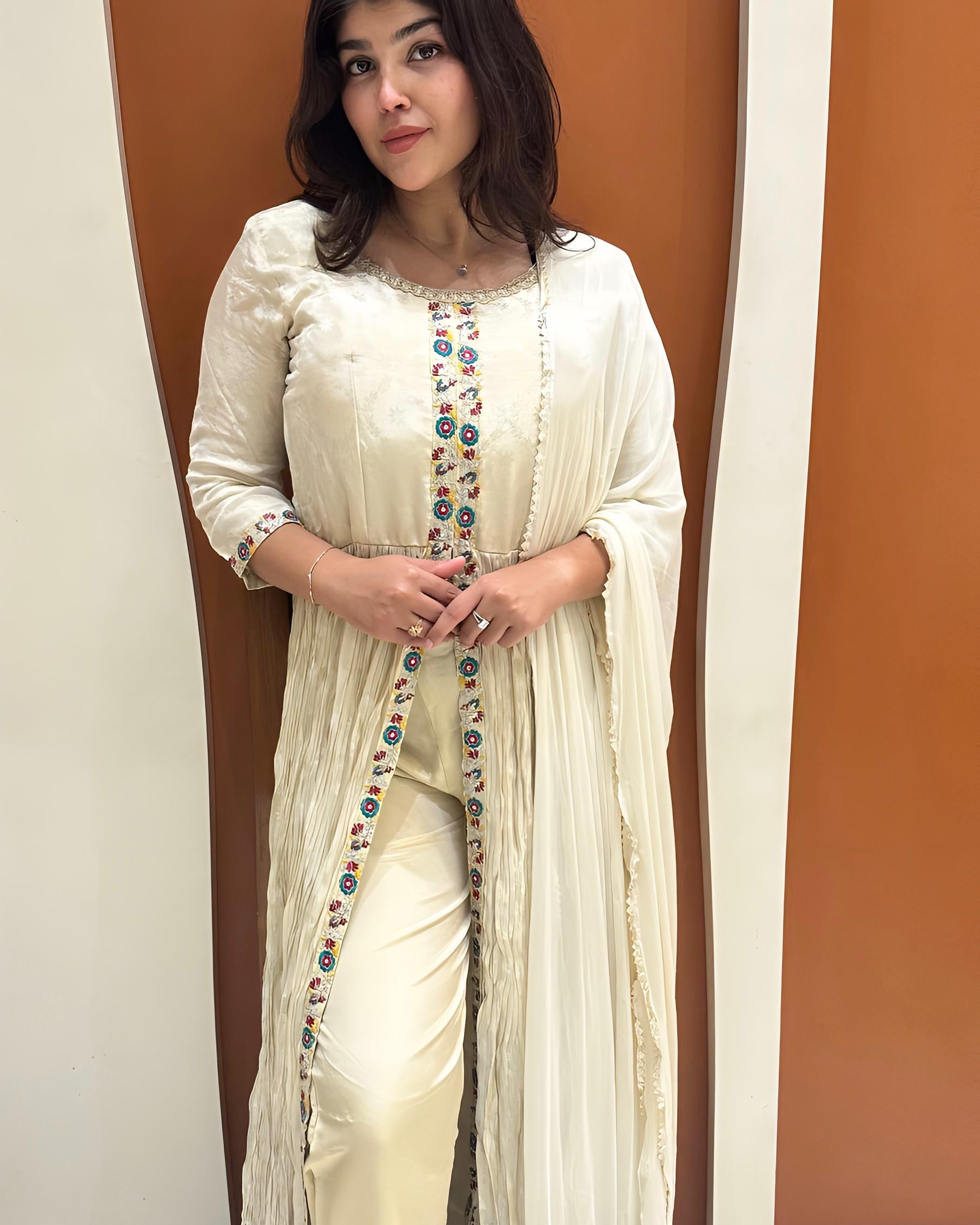 Elegant Tissue Fabric Dress with Hand Embroidered Details (White)