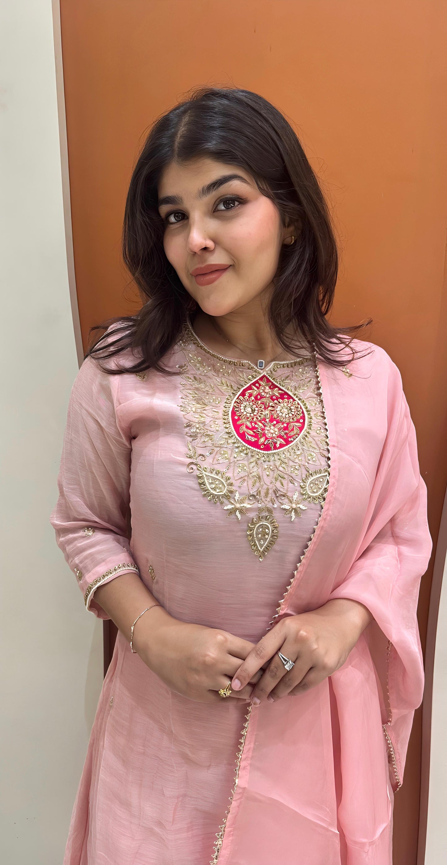 Timeless Pure Dola Silk Dress with Embroidered Accents (Pink)