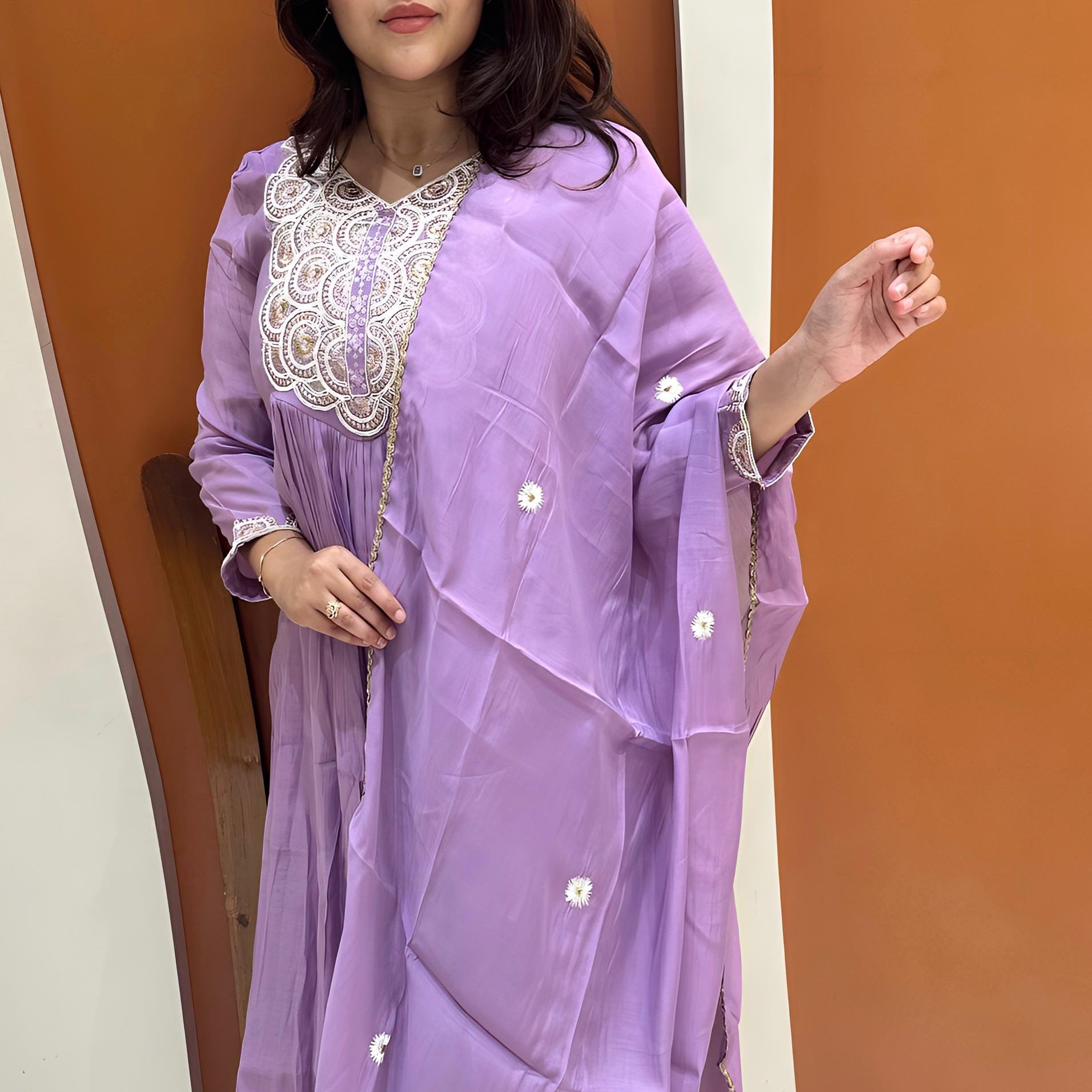 Graceful Mul Chanderi Handwork Dress (Lavender)