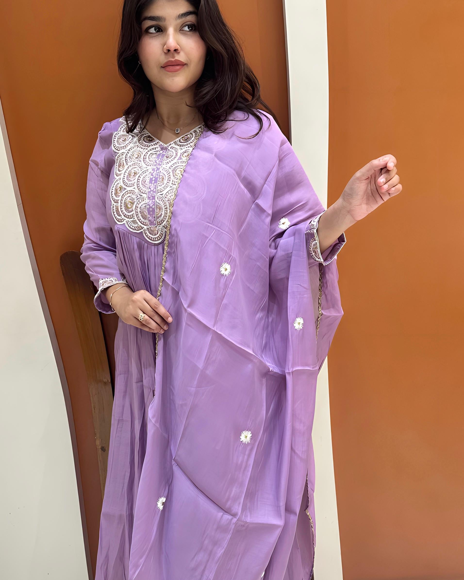 Graceful Mul Chanderi Handwork Dress (Lavender)