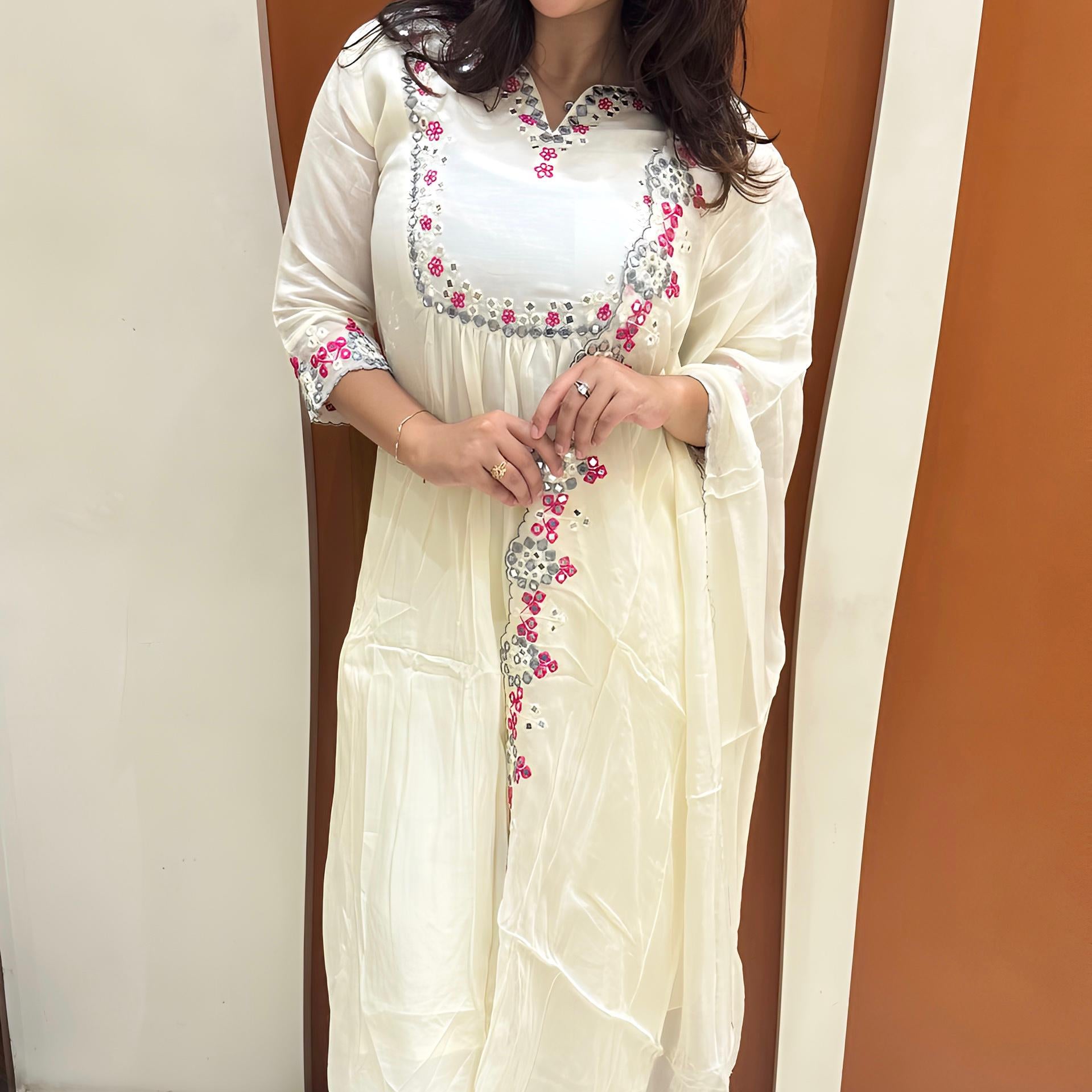 Graceful Mul Chanderi Handwork Dress (White)
