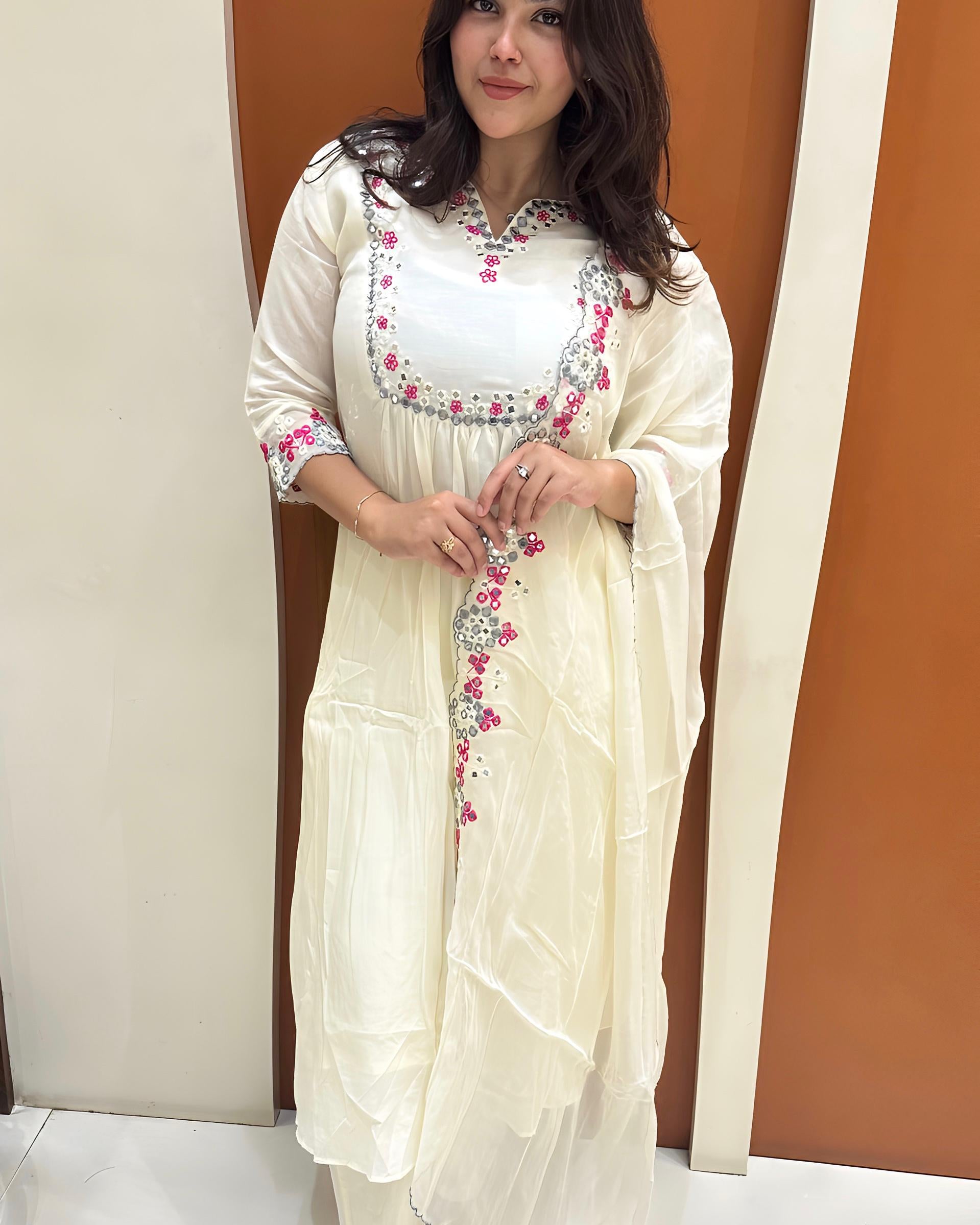 Graceful Mul Chanderi Handwork Dress (White)