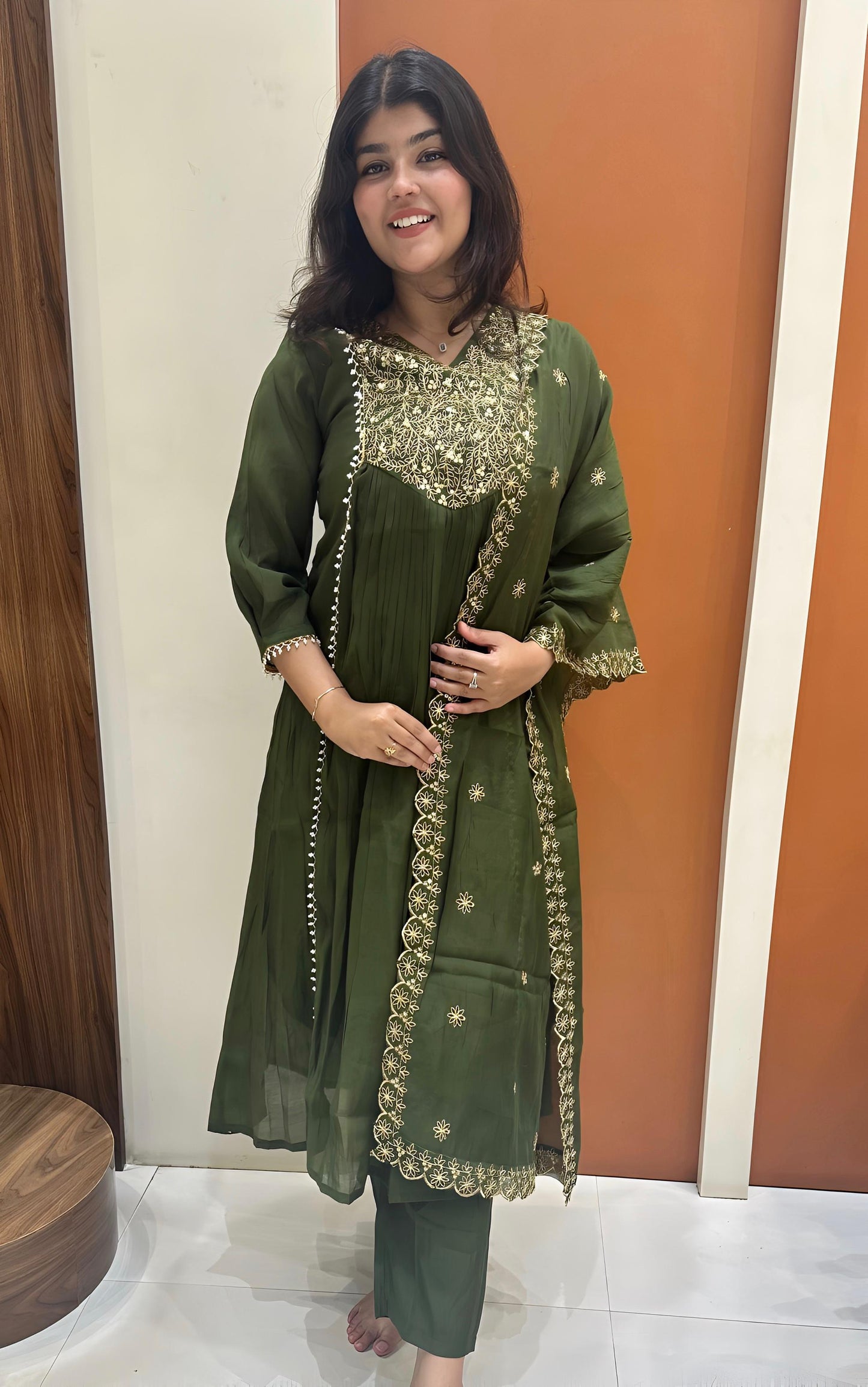 Graceful Mul Chanderi Handwork Dress (Green)