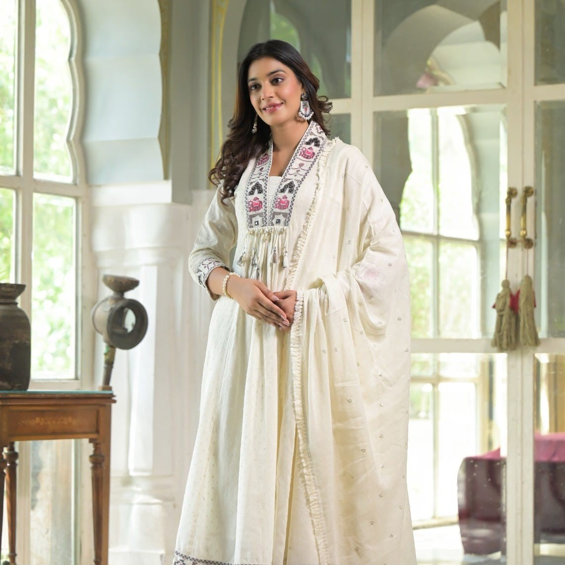 Elegant Pure Cotton Anarkali Dress Set with Dupatta & Pant White