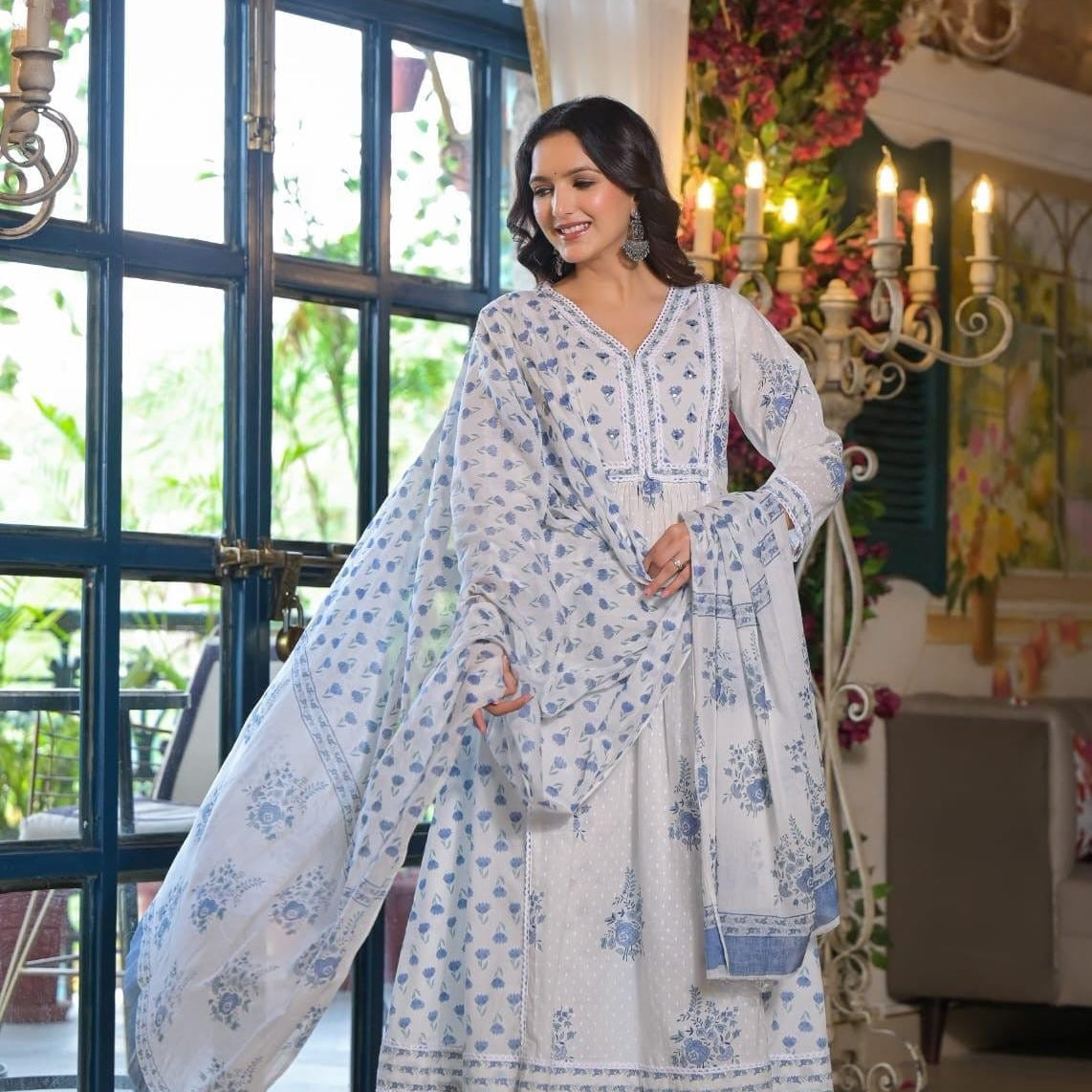 Elegant Pure Cotton Anarkali Dress Set with Dupatta & Pant White