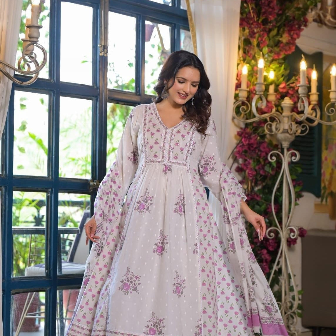 Elegant Pure Cotton Anarkali Dress Set with Dupatta & Pant Purple
